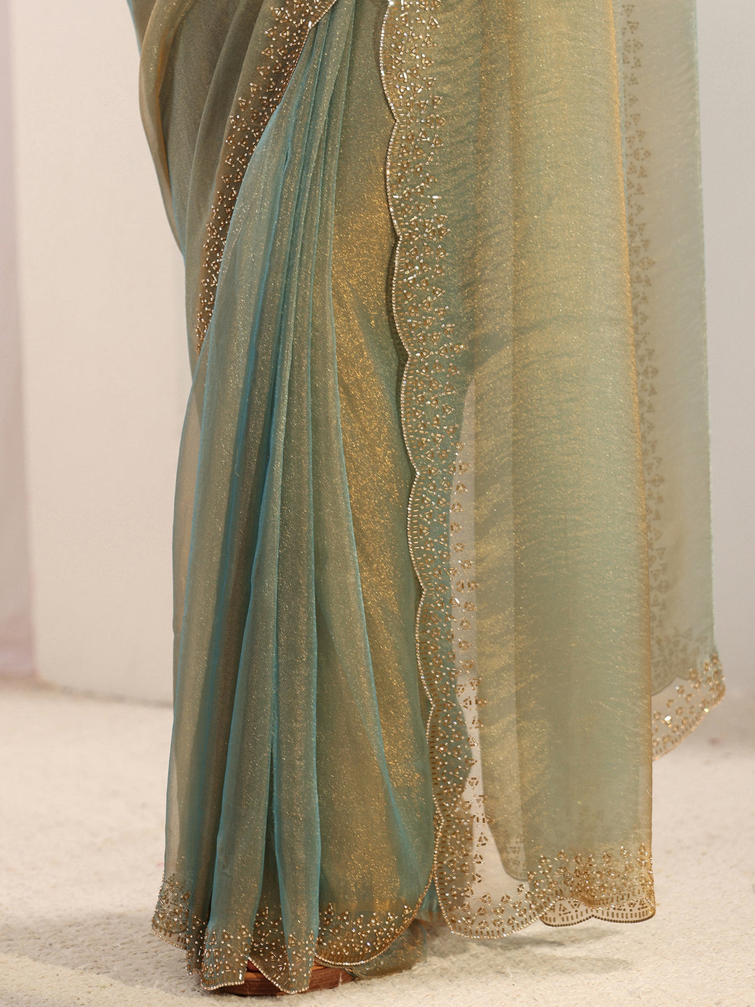  Green Embellished Border Tissue Saree With Unstitched Blouse Piece 
