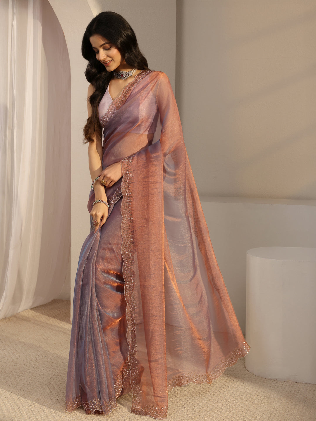  Purple Embellished Tissue Saree With Unstiched Blouse Piece 