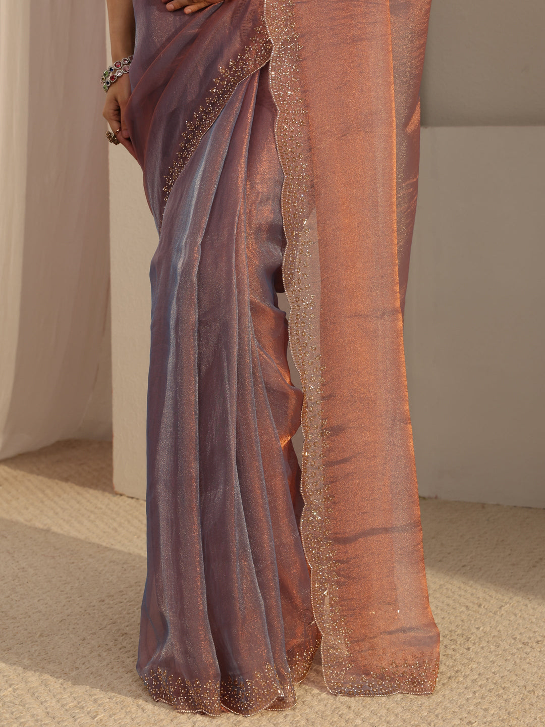  Purple Embellished Tissue Saree With Unstiched Blouse Piece 