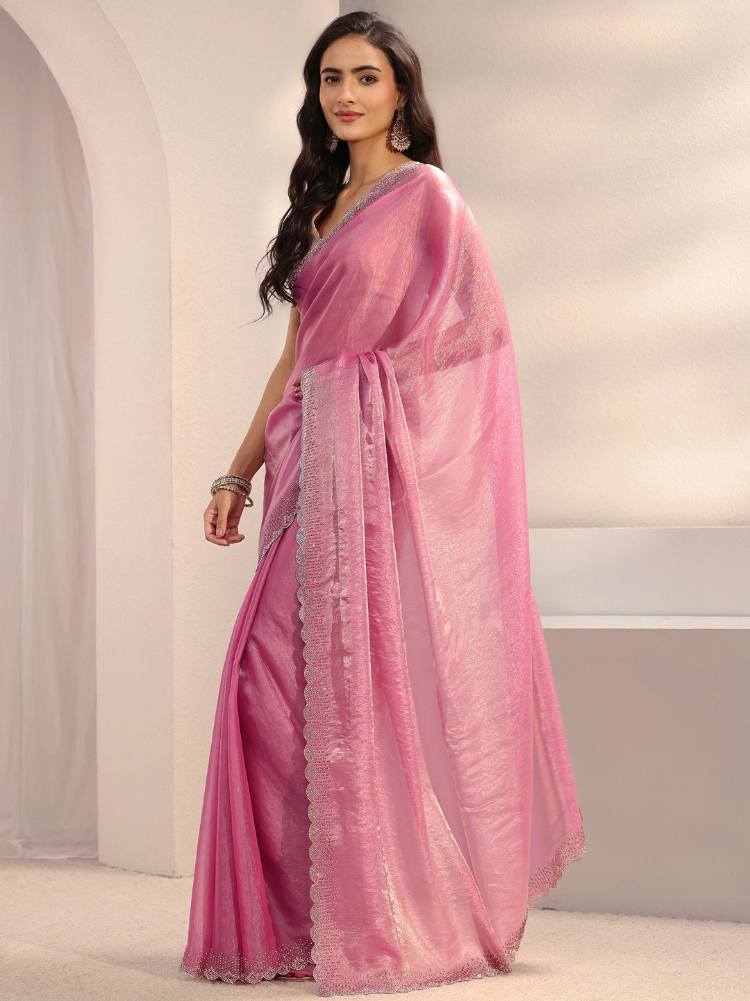  Pink Embellished Border Tissue Saree With Unstitched Blouse Piece 