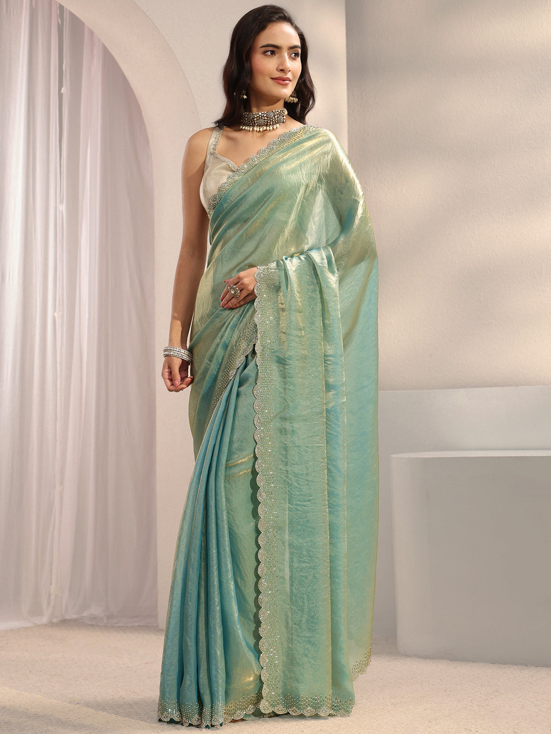  Blue Embellished Border Tissue Saree With Unstitched Blouse Piece 