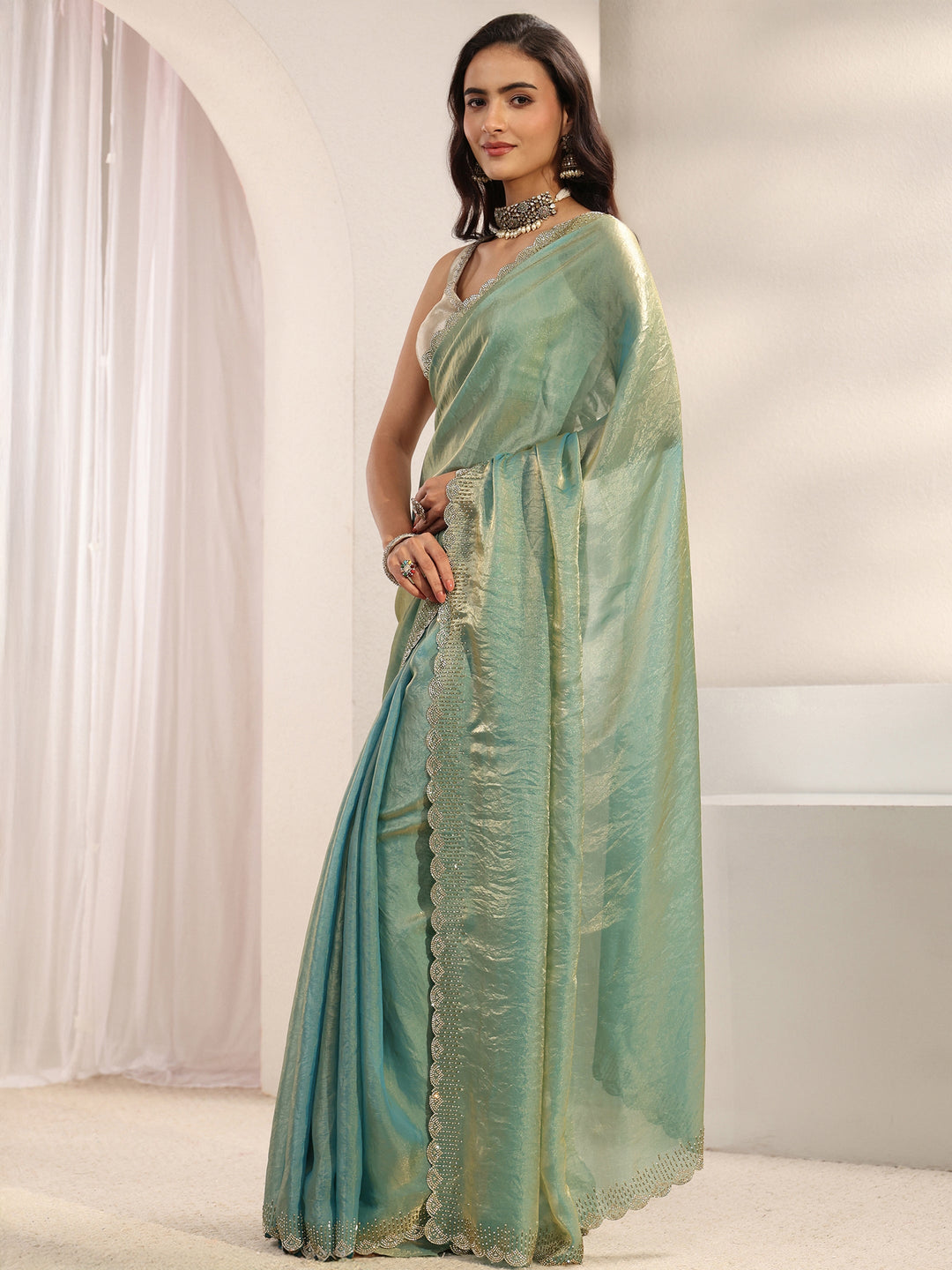  Blue Embellished Border Tissue Saree With Unstitched Blouse Piece 