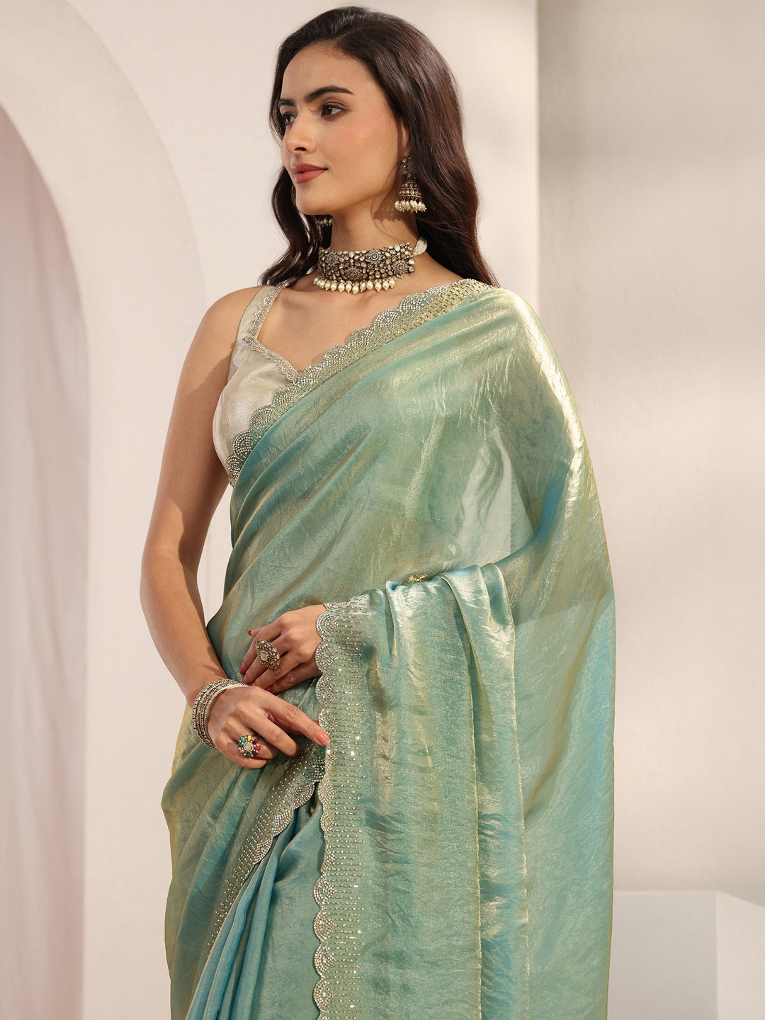 Libas Blue Embellished Border Tissue Saree With Unstitched Blouse Piece 