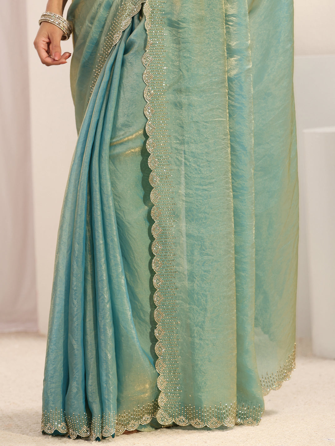  Blue Embellished Border Tissue Saree With Unstitched Blouse Piece 