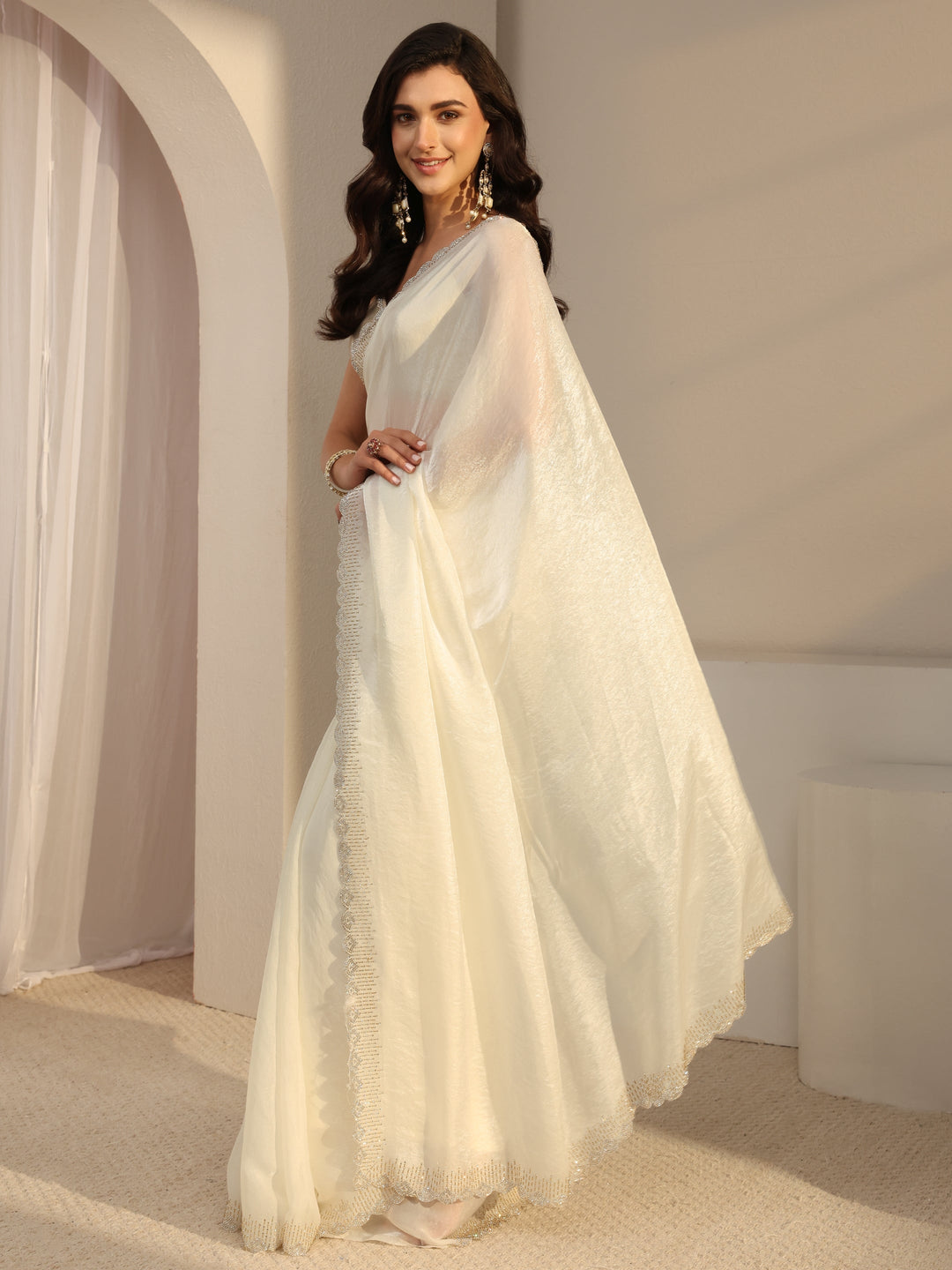  Libas Ivory Embellished Border Tissue Saree With Unstitched Blouse Piece 