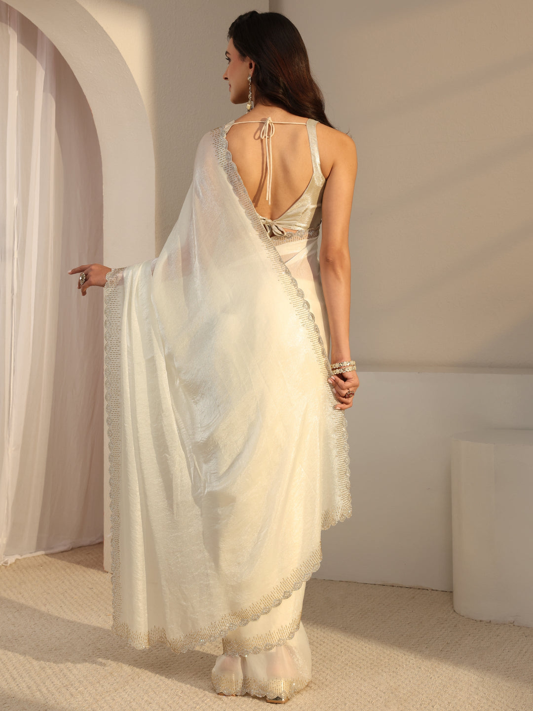  Libas Ivory Embellished Border Tissue Saree With Unstitched Blouse Piece 