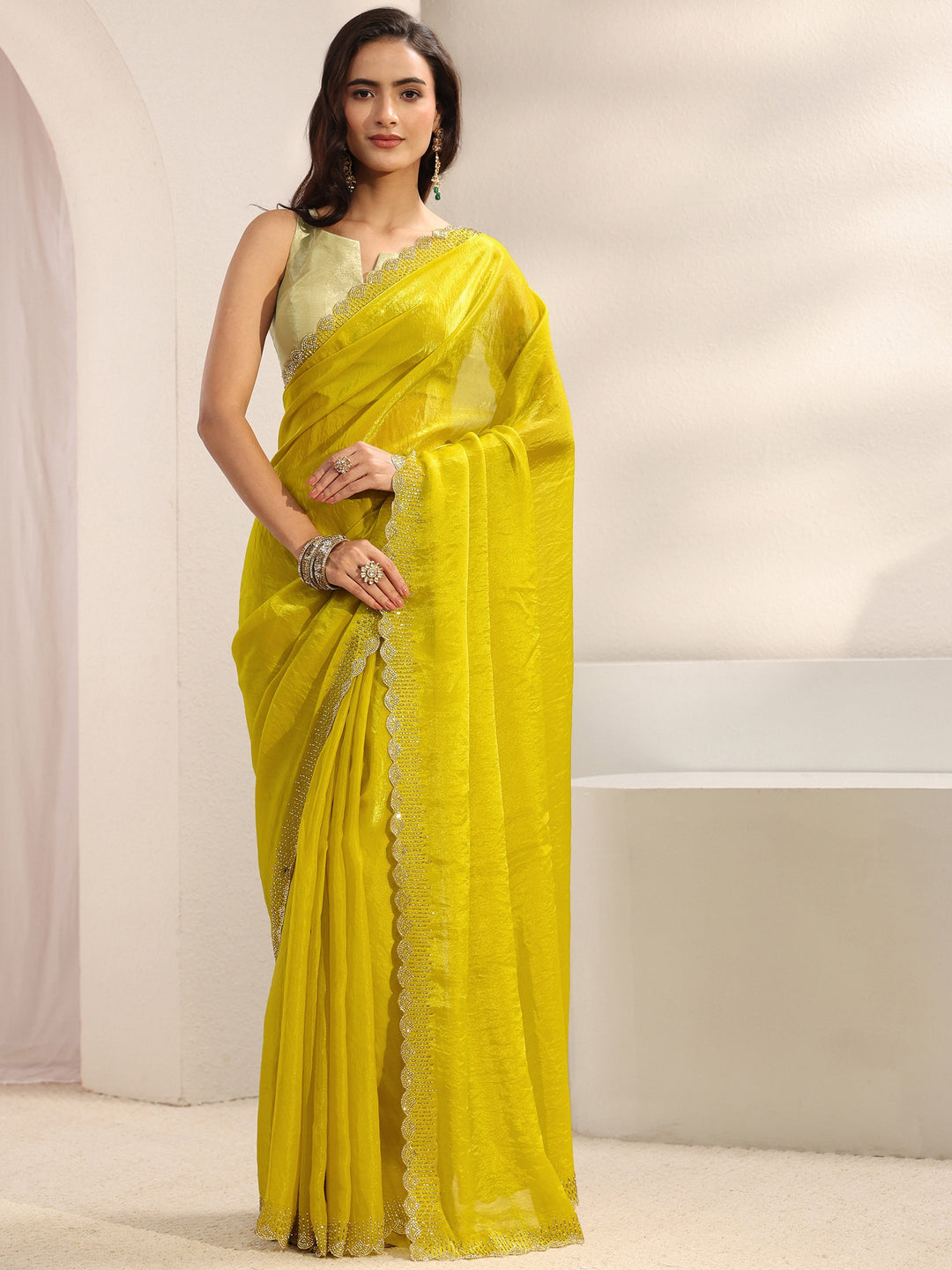  Green Embellished Border Tissue Saree With Unstitched Blouse Piece 
