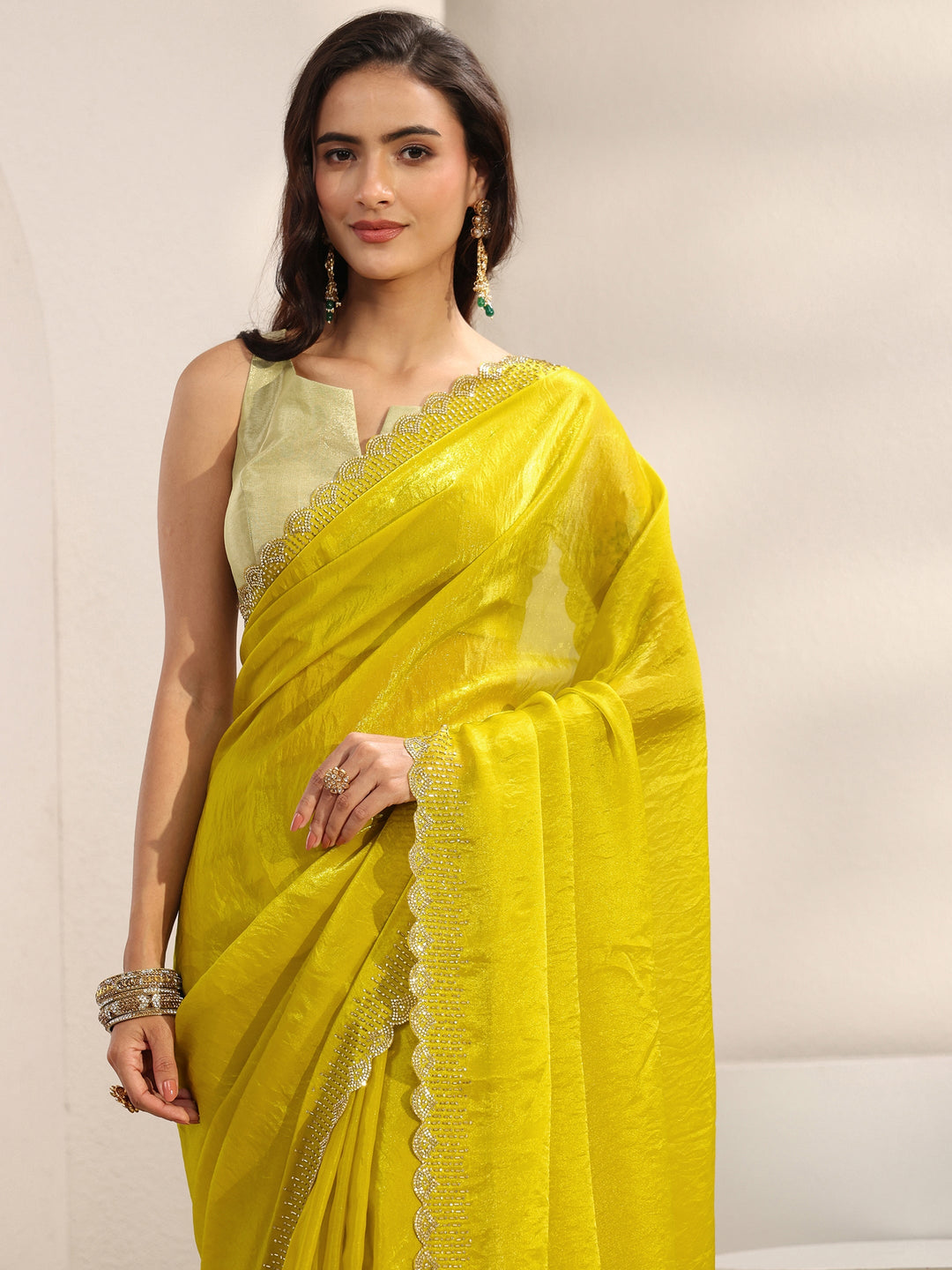  Green Embellished Border Tissue Saree With Unstitched Blouse Piece 
