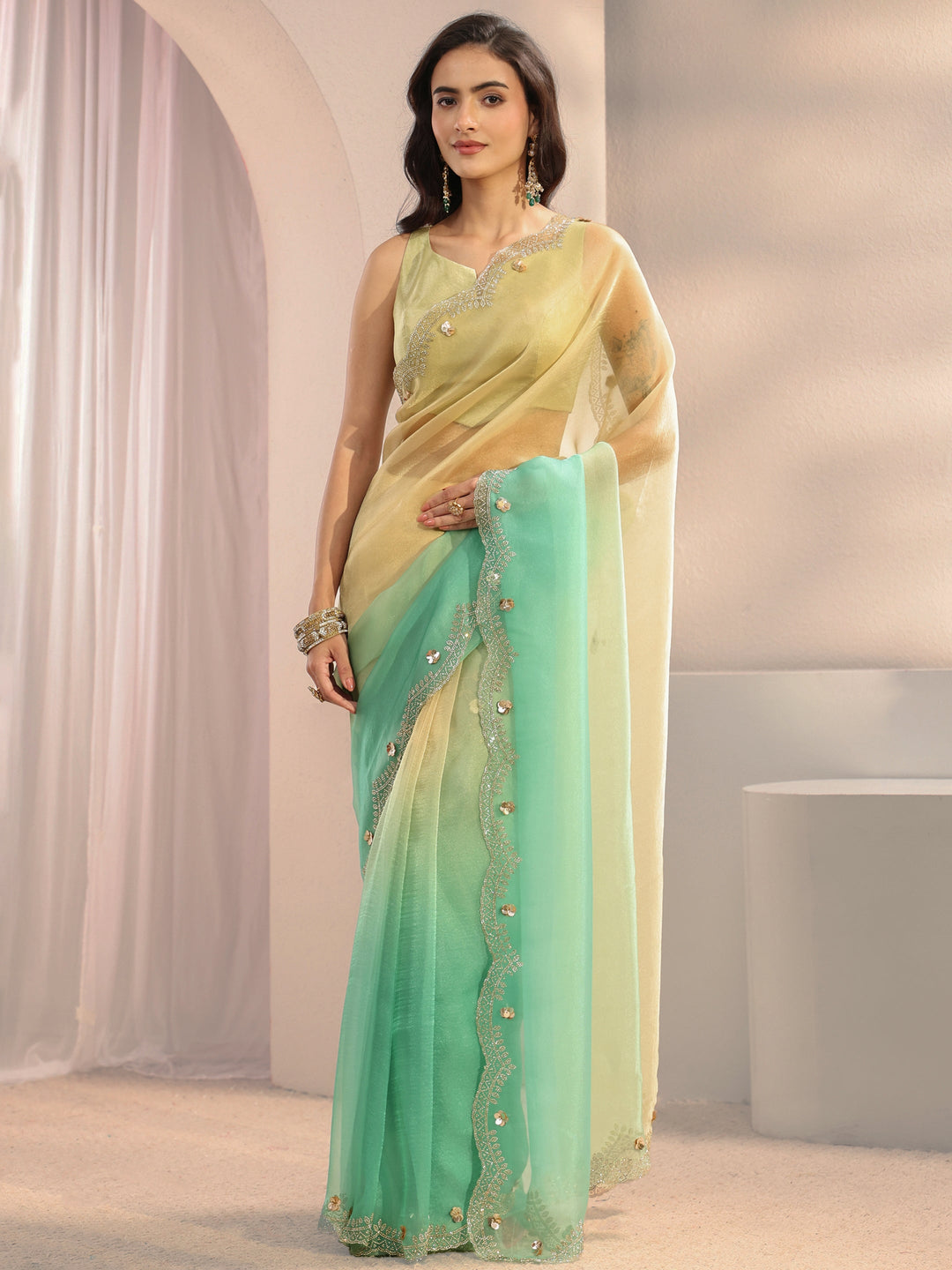  Green Embellished Border Ombre Tissue Saree With Unstitched Blouse Piece 