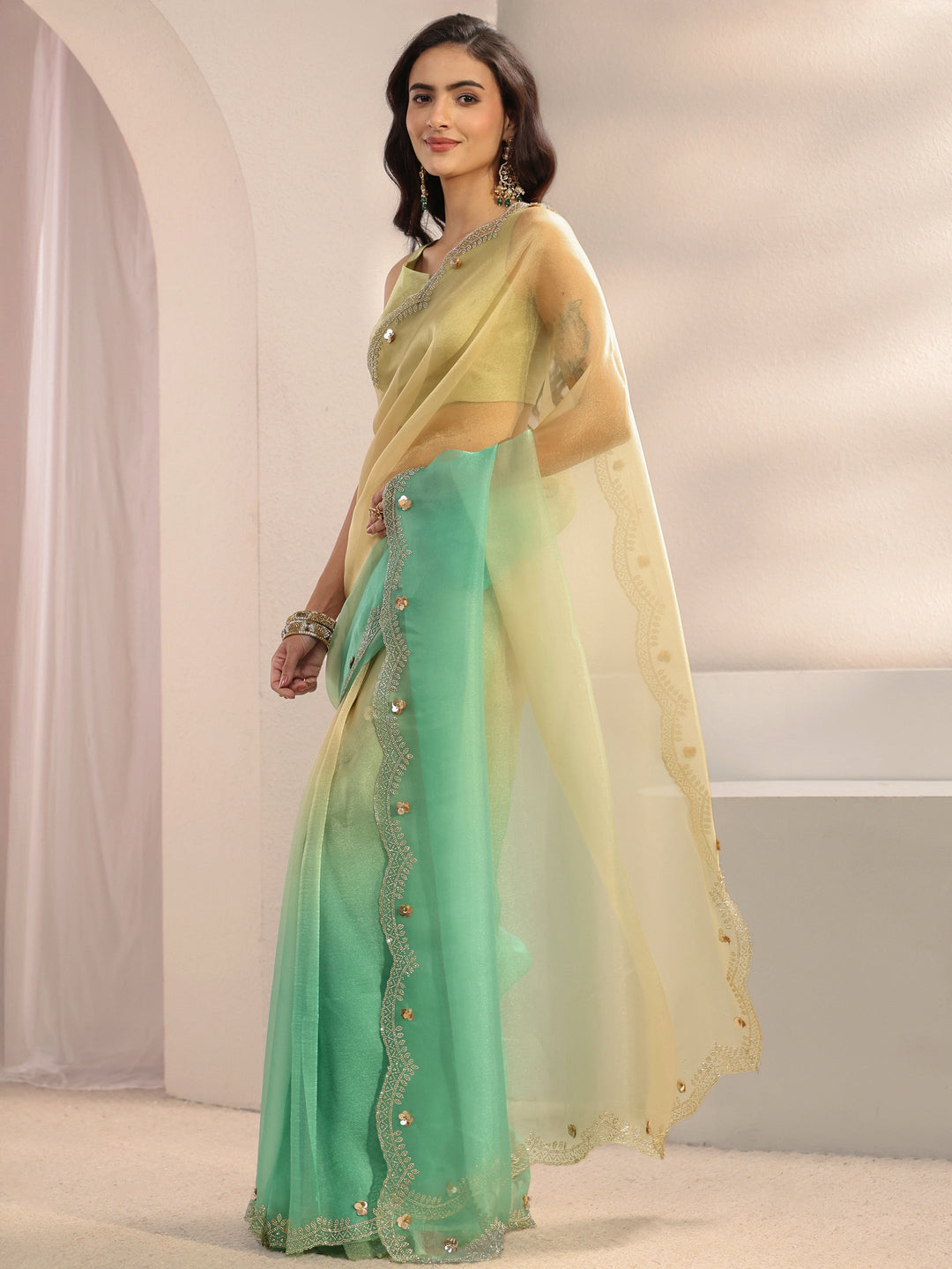 Green Embellished Border Ombre Tissue Saree With Unstitched Blouse Piece 
