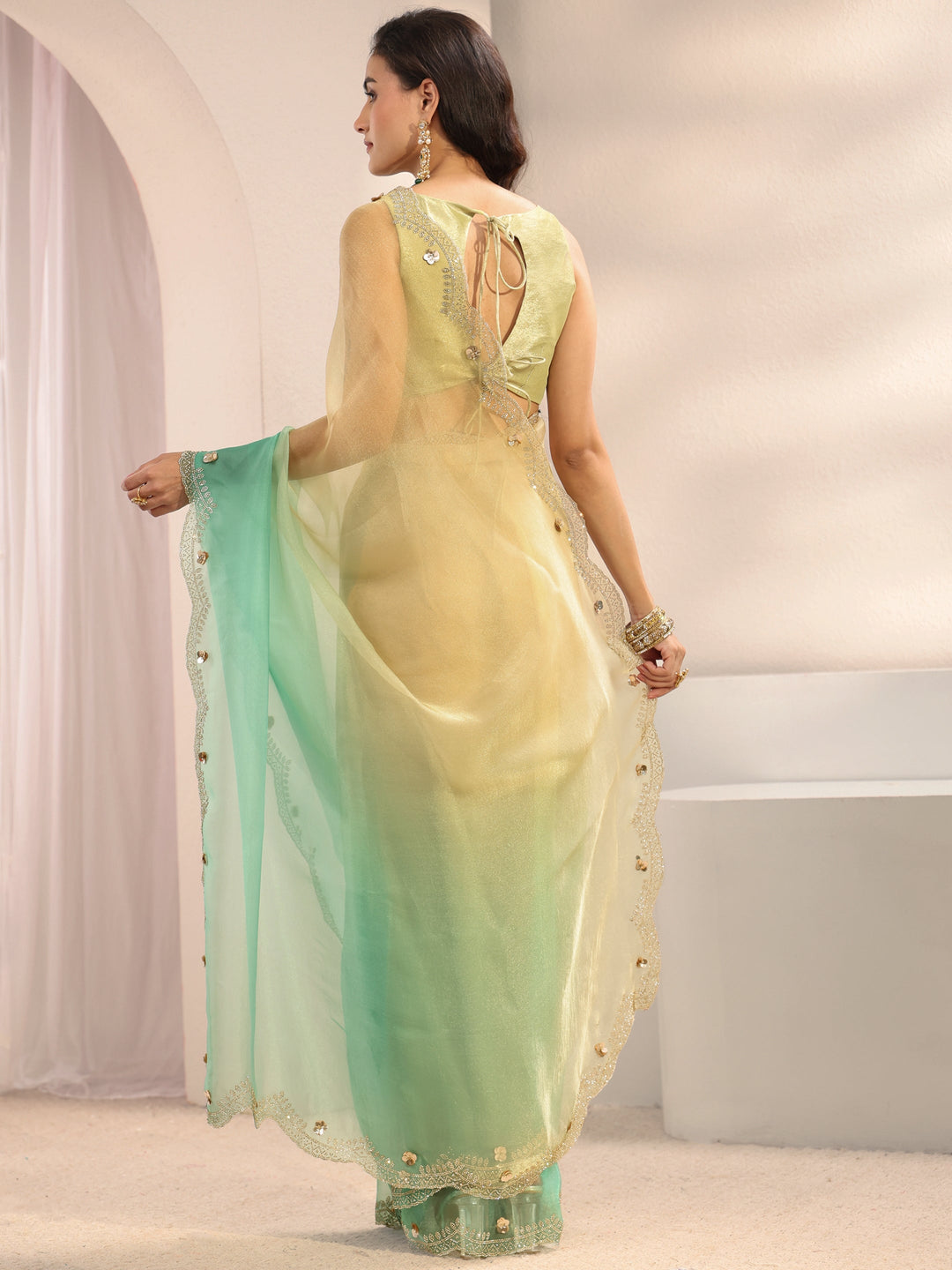  Green Embellished Border Ombre Tissue Saree With Unstitched Blouse Piece 
