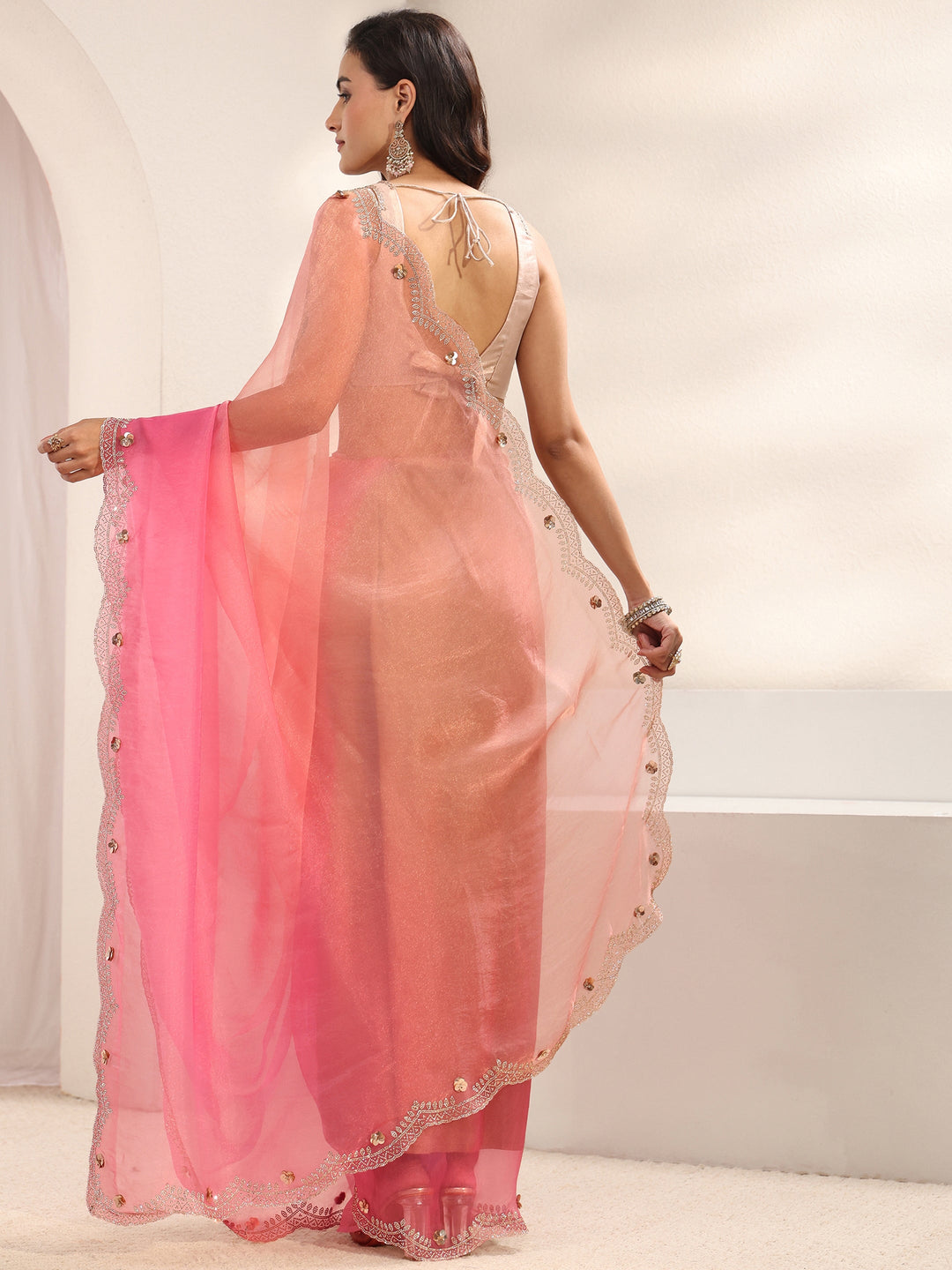  Libas Pink Embellished Border Ombre Tissue Saree With Unstitched Blouse Piece 