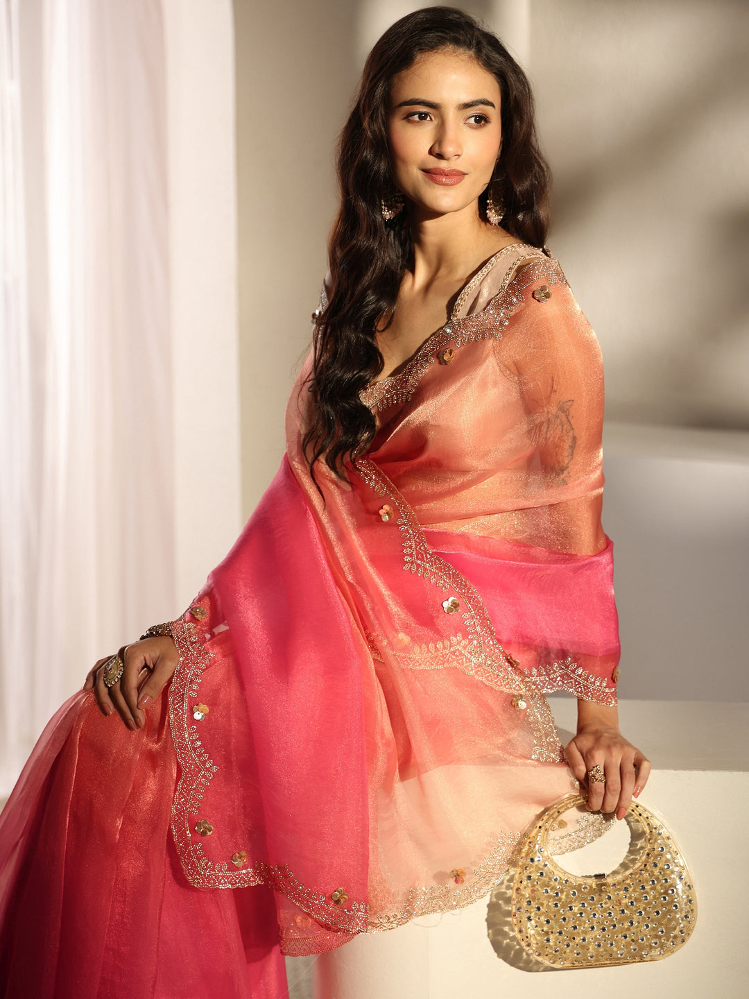  Libas Pink Embellished Border Ombre Tissue Saree With Unstitched Blouse Piece 