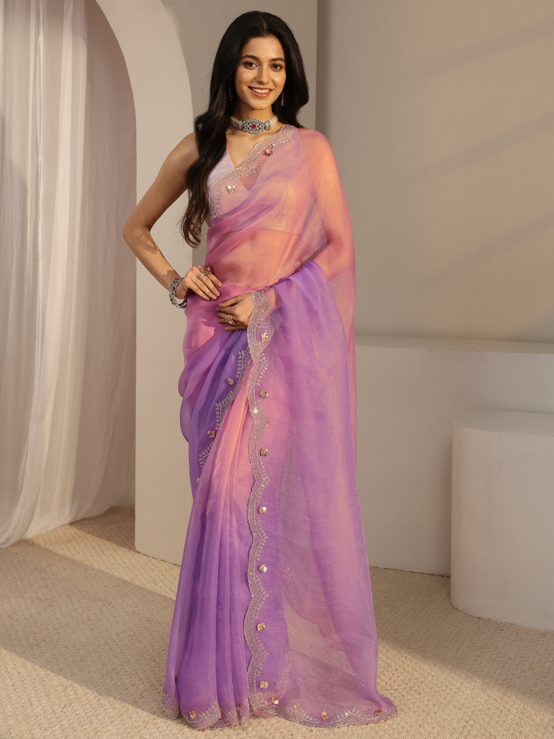  Libas Purple Embellished Tissue Saree With Unstiched Blouse Piece 