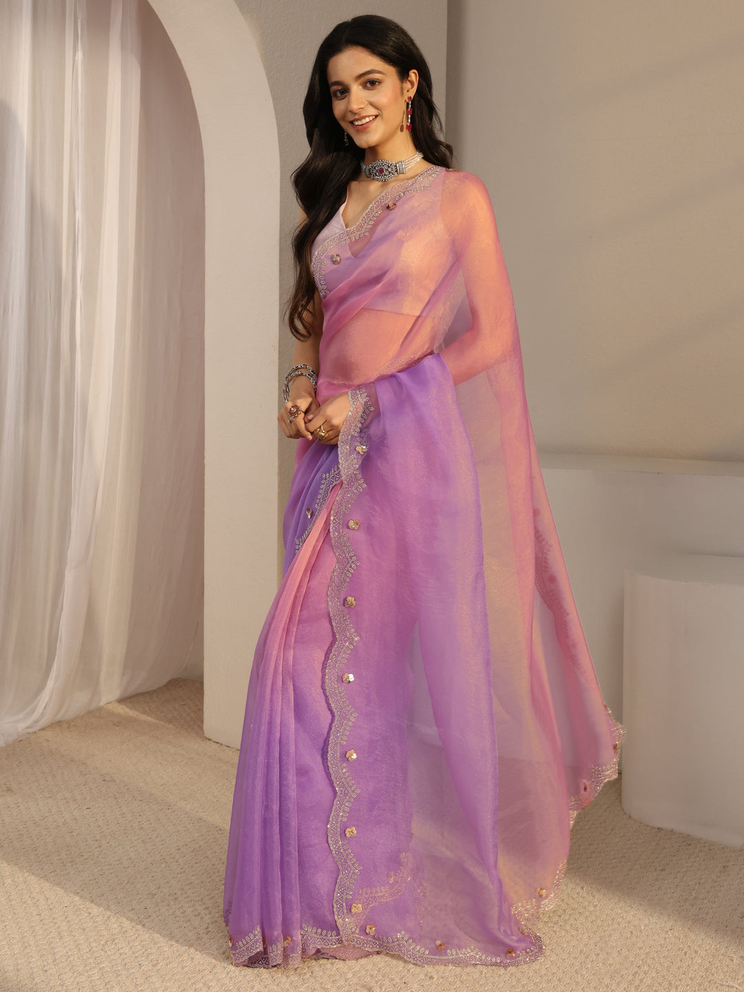  Libas Purple Embellished Tissue Saree With Unstiched Blouse Piece 