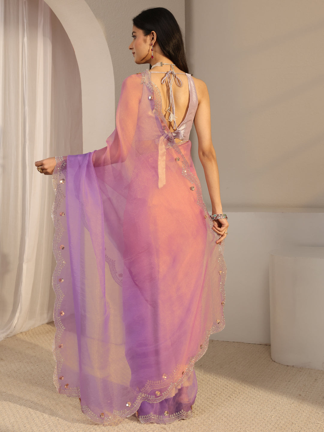  Libas Purple Embellished Tissue Saree With Unstiched Blouse Piece 