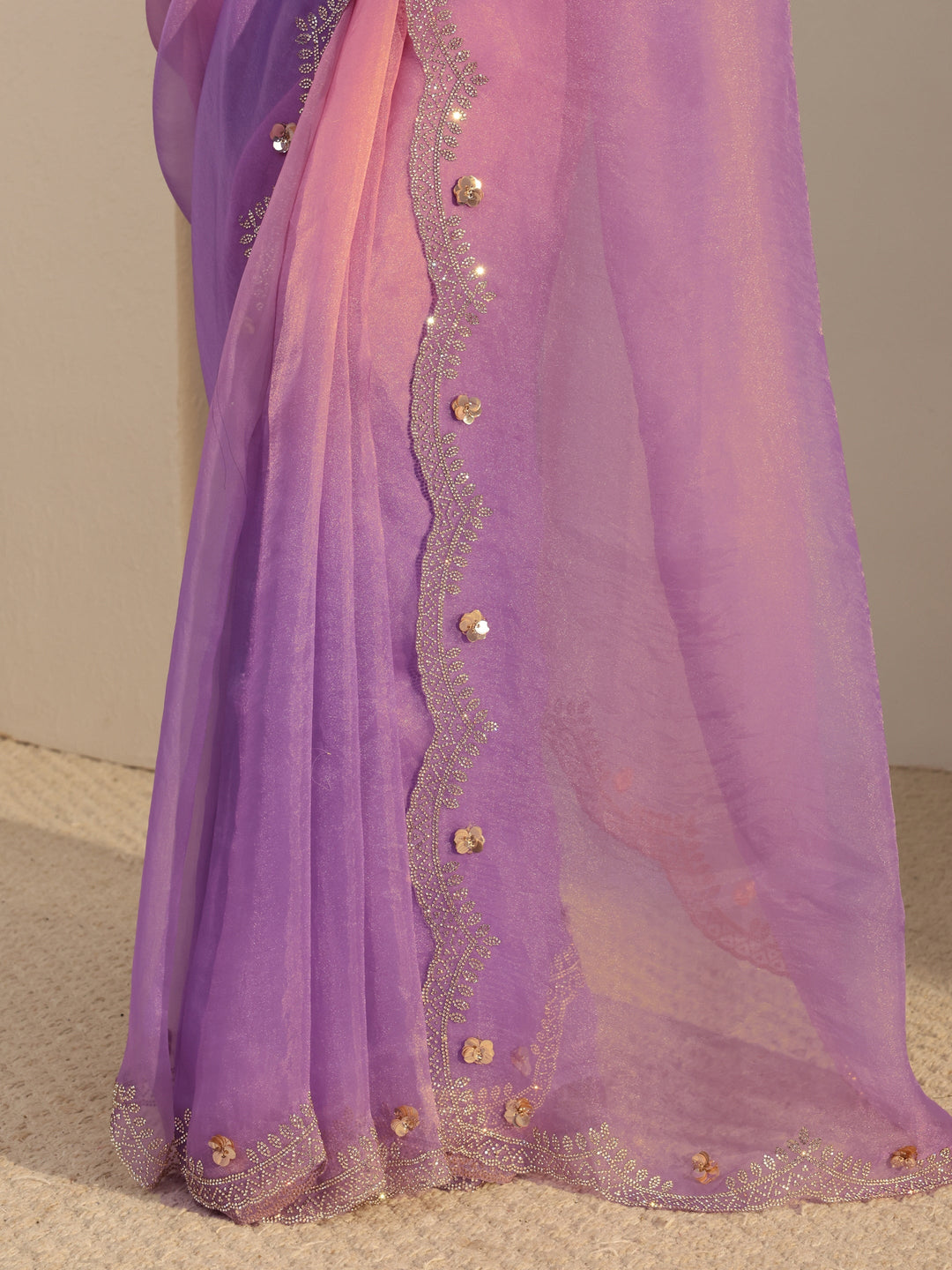  Libas Purple Embellished Tissue Saree With Unstiched Blouse Piece 