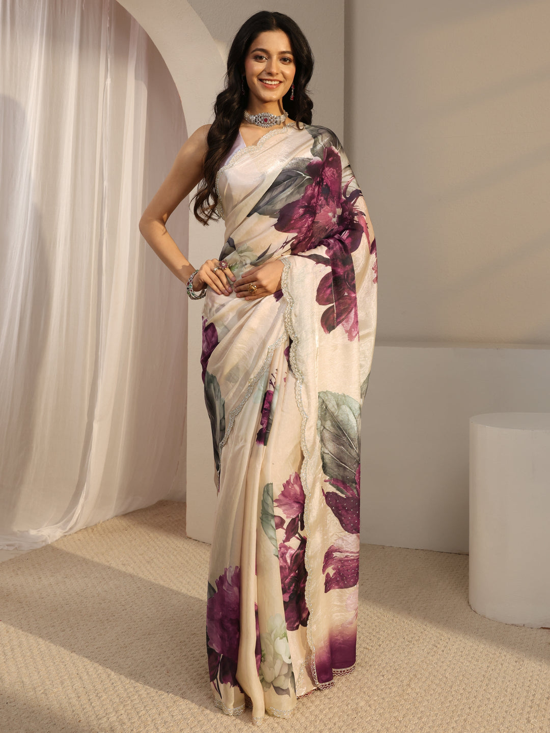 Libas Ivory Embellished Tissue Saree With Unstiched Blouse Piece 