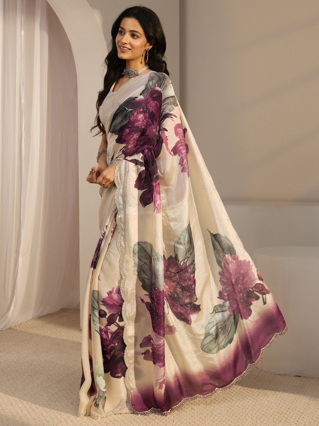  Libas Ivory Embellished Tissue Saree With Unstiched Blouse Piece 