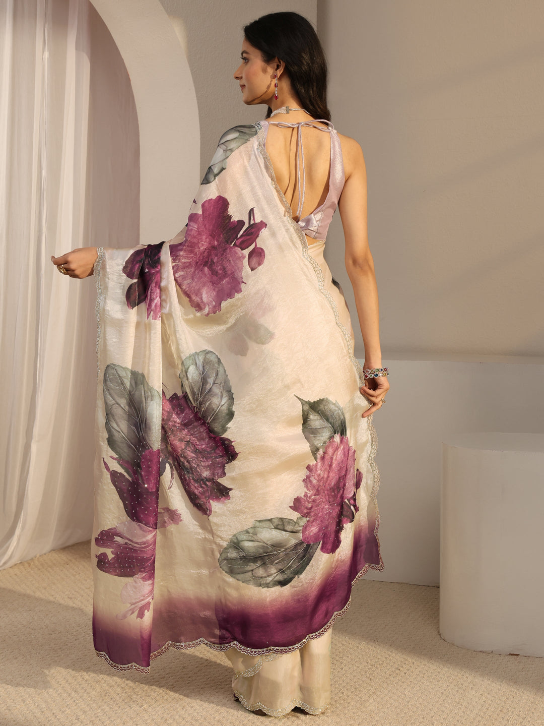  Libas Ivory Embellished Tissue Saree With Unstiched Blouse Piece 