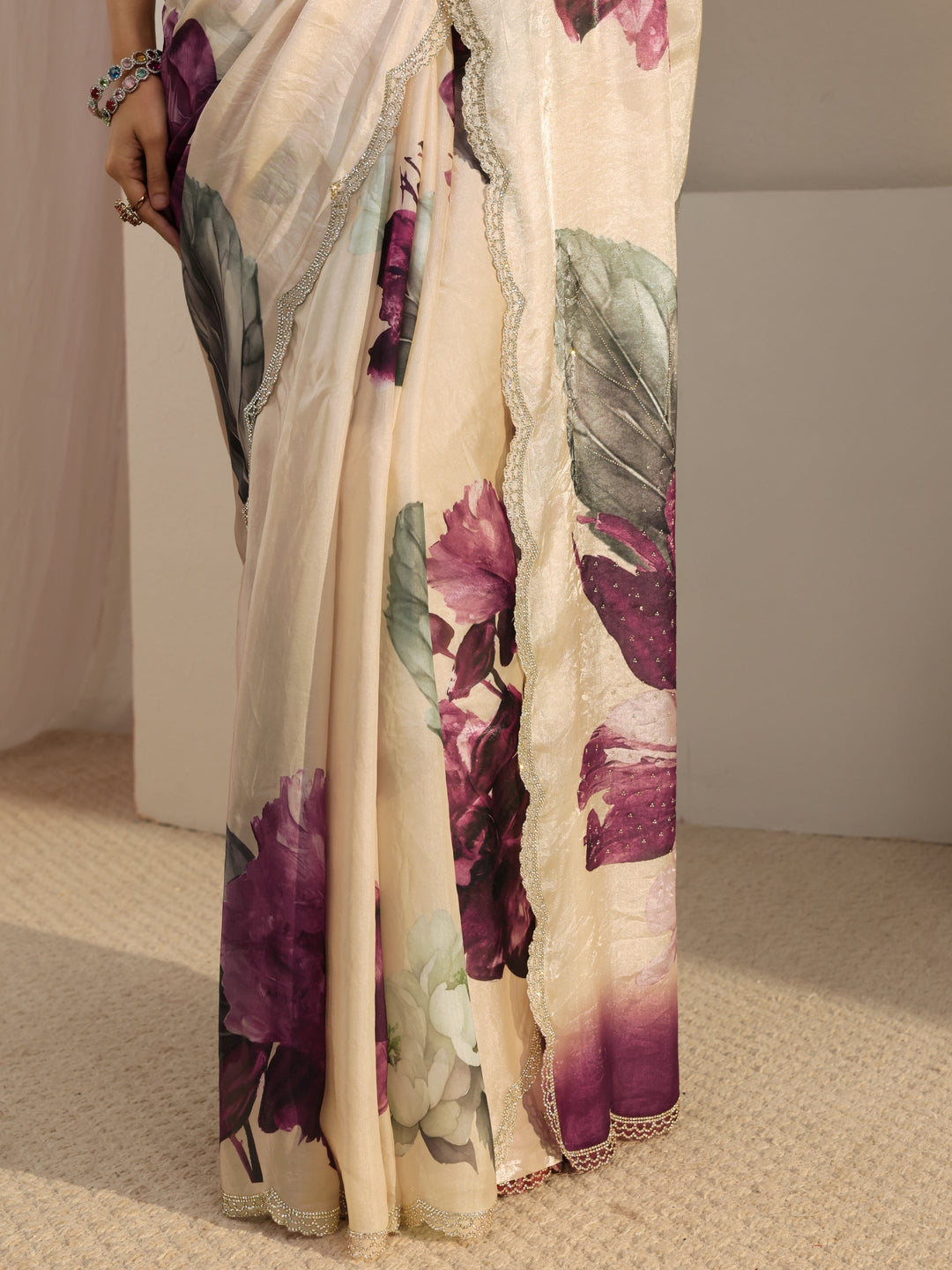  Libas Ivory Embellished Tissue Saree With Unstiched Blouse Piece 