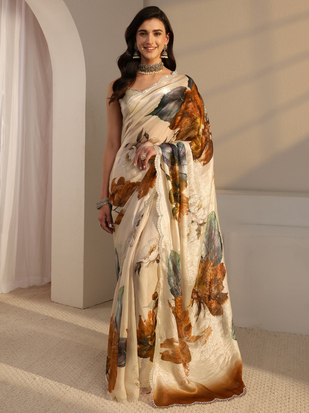  Libas Ivory Floral Printed Tissue Saree With Unstitched Blouse Piece 