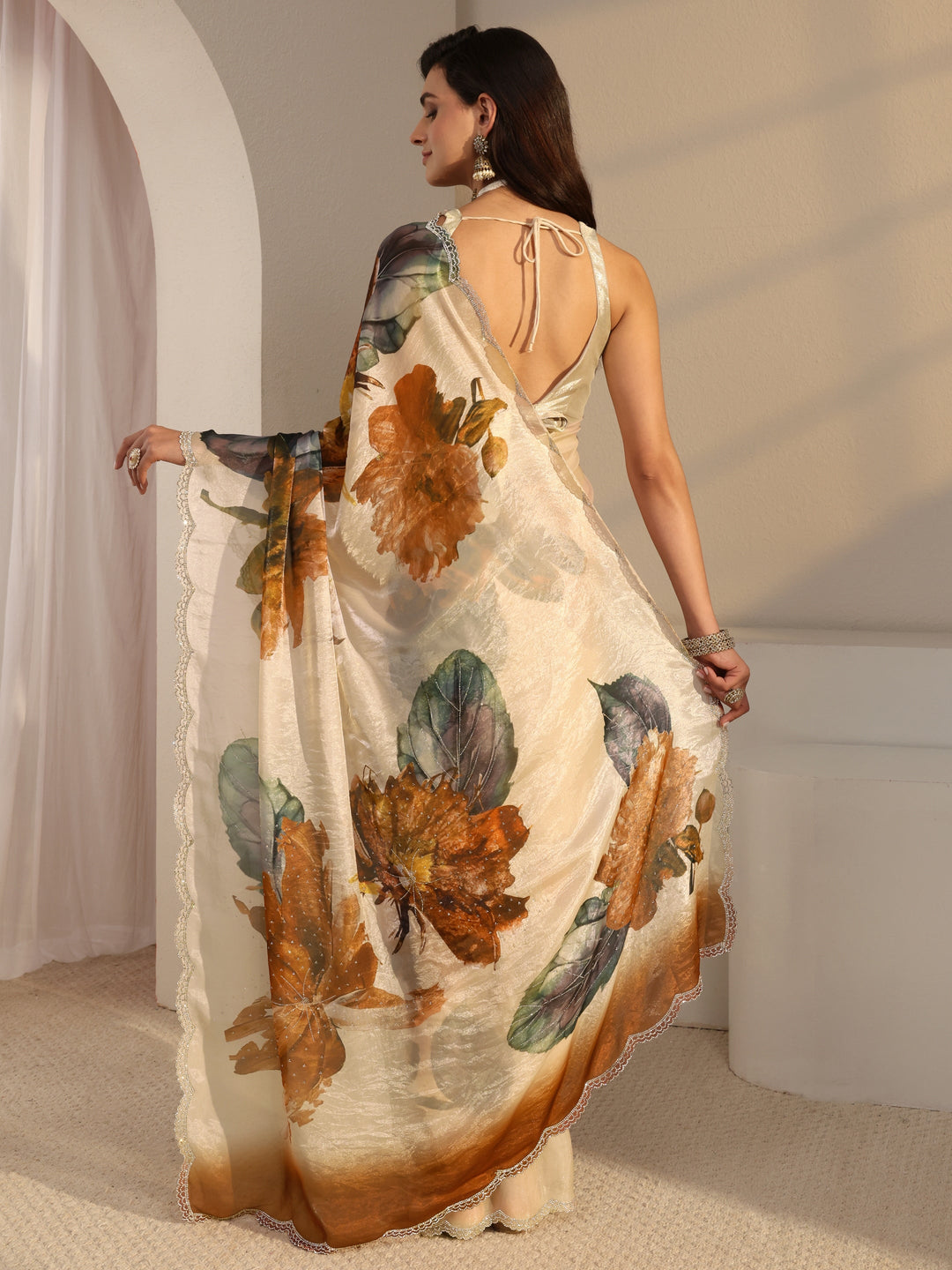  Libas Ivory Floral Printed Tissue Saree With Unstitched Blouse Piece 
