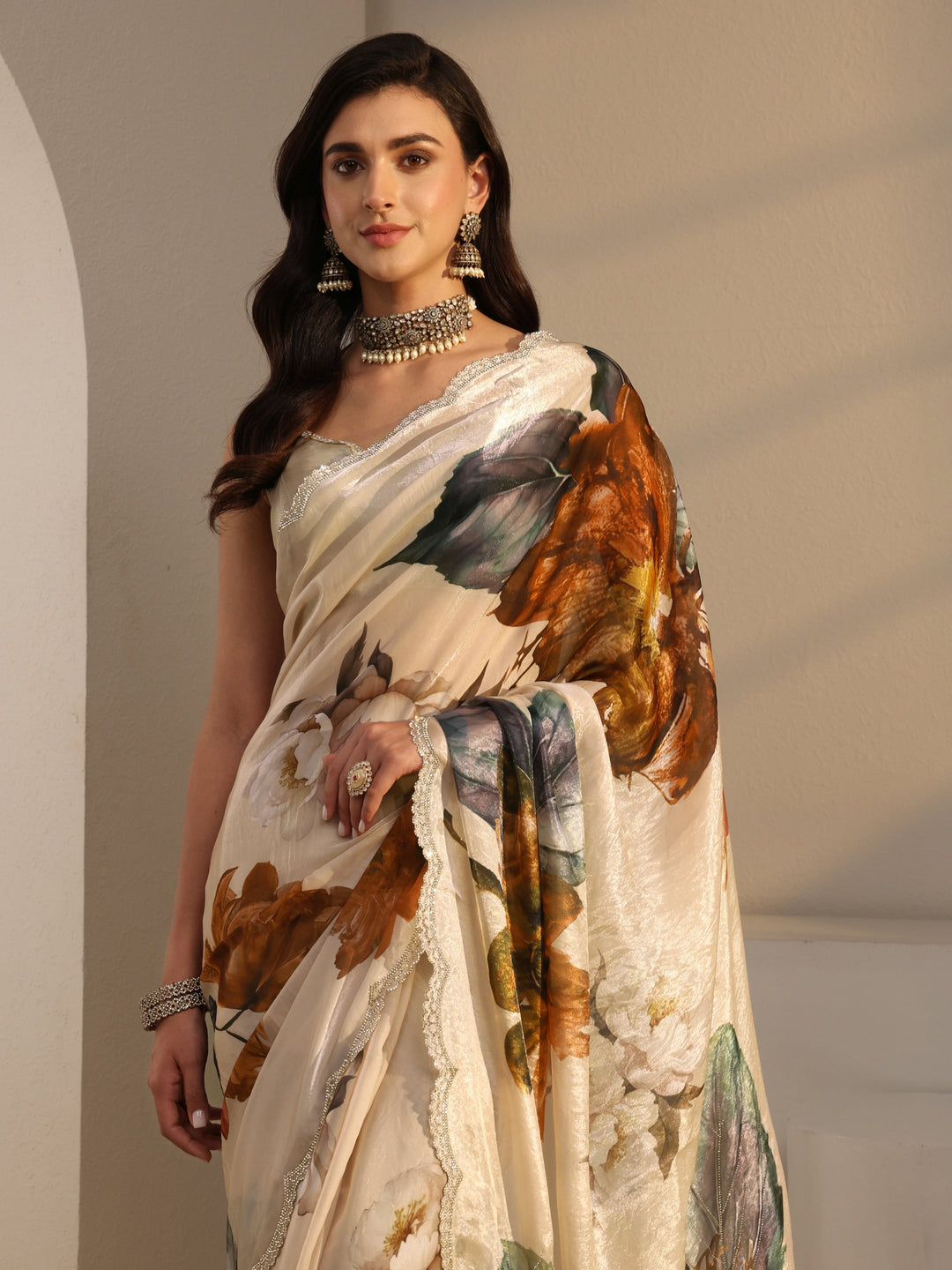  Libas Ivory Floral Printed Tissue Saree With Unstitched Blouse Piece 