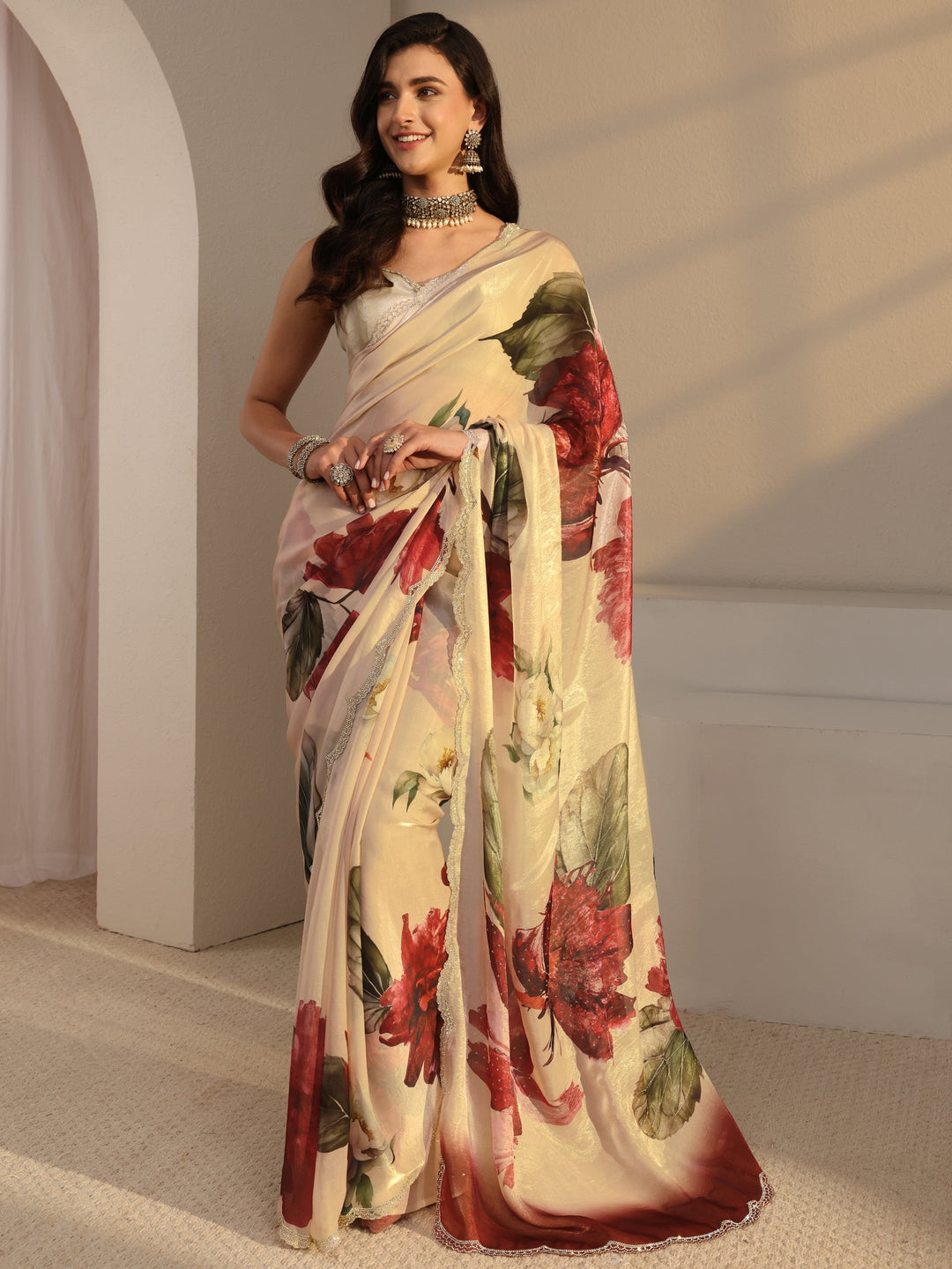  Libas Ivory Floral Printed Tissue Saree With Unstitched Blouse Piece 