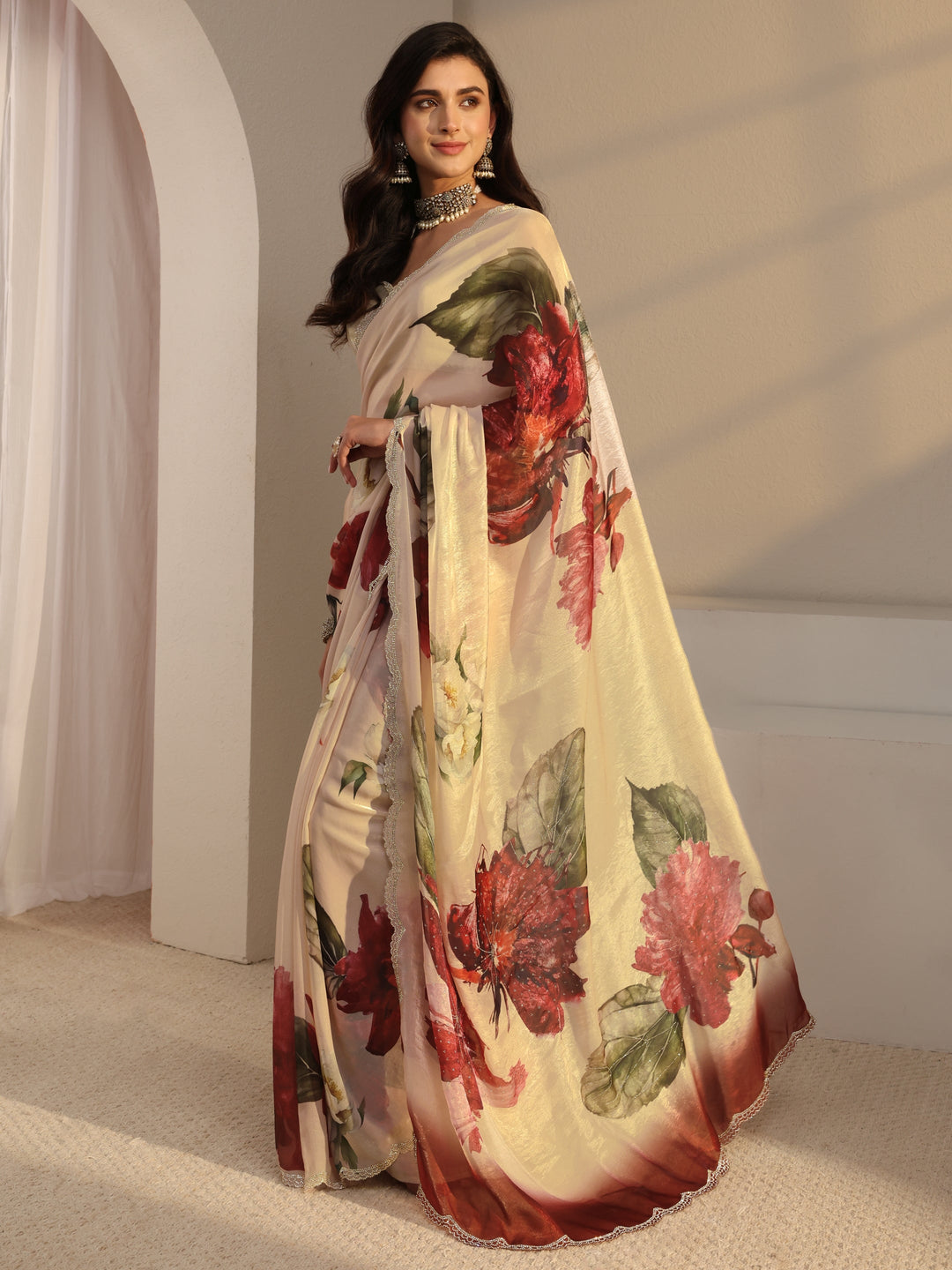  Libas Ivory Floral Printed Tissue Saree With Unstitched Blouse Piece 