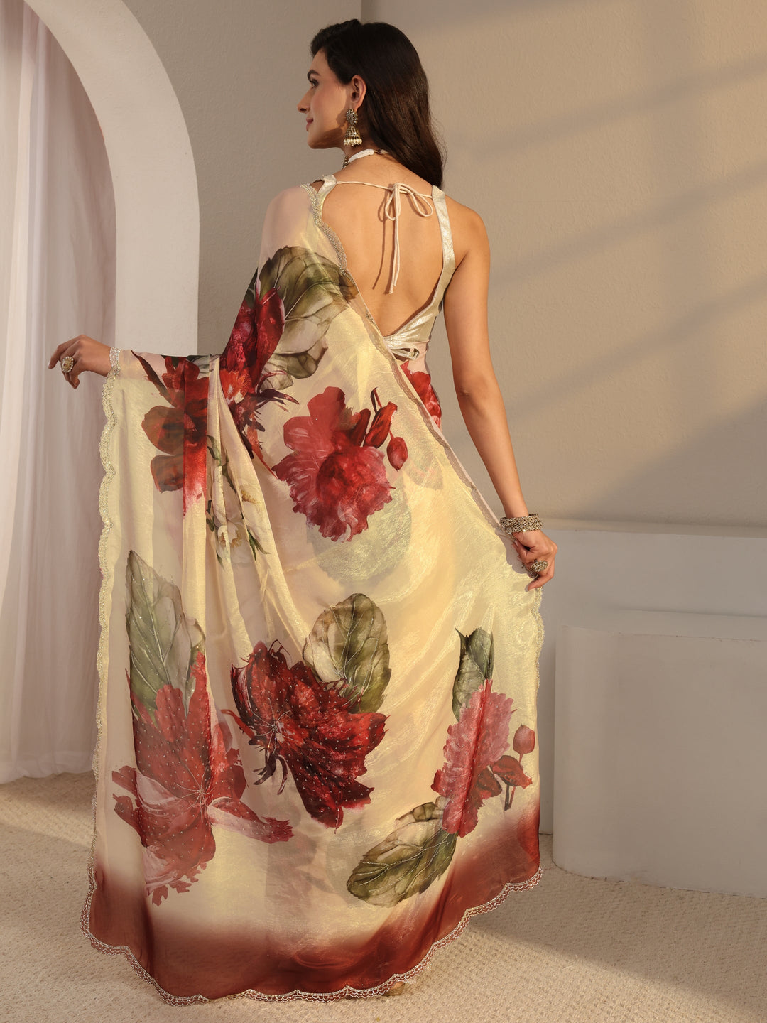  Libas Ivory Floral Printed Tissue Saree With Unstitched Blouse Piece 