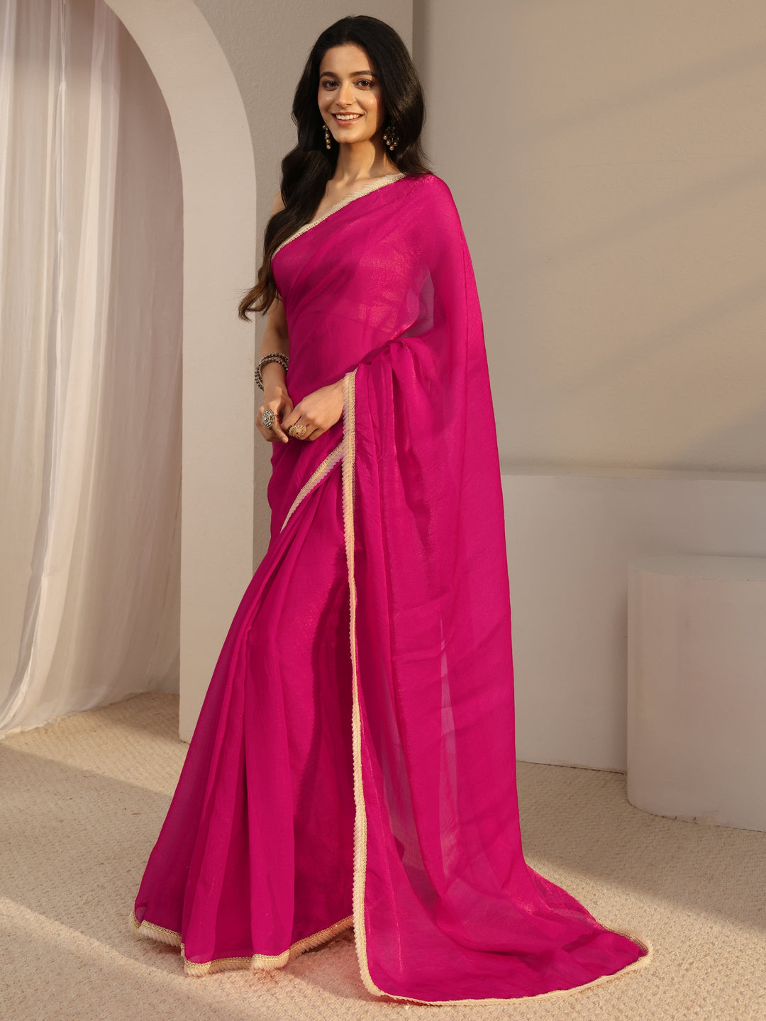  Red Solid Chiffon Saree With Unstiched Blouse Piece 