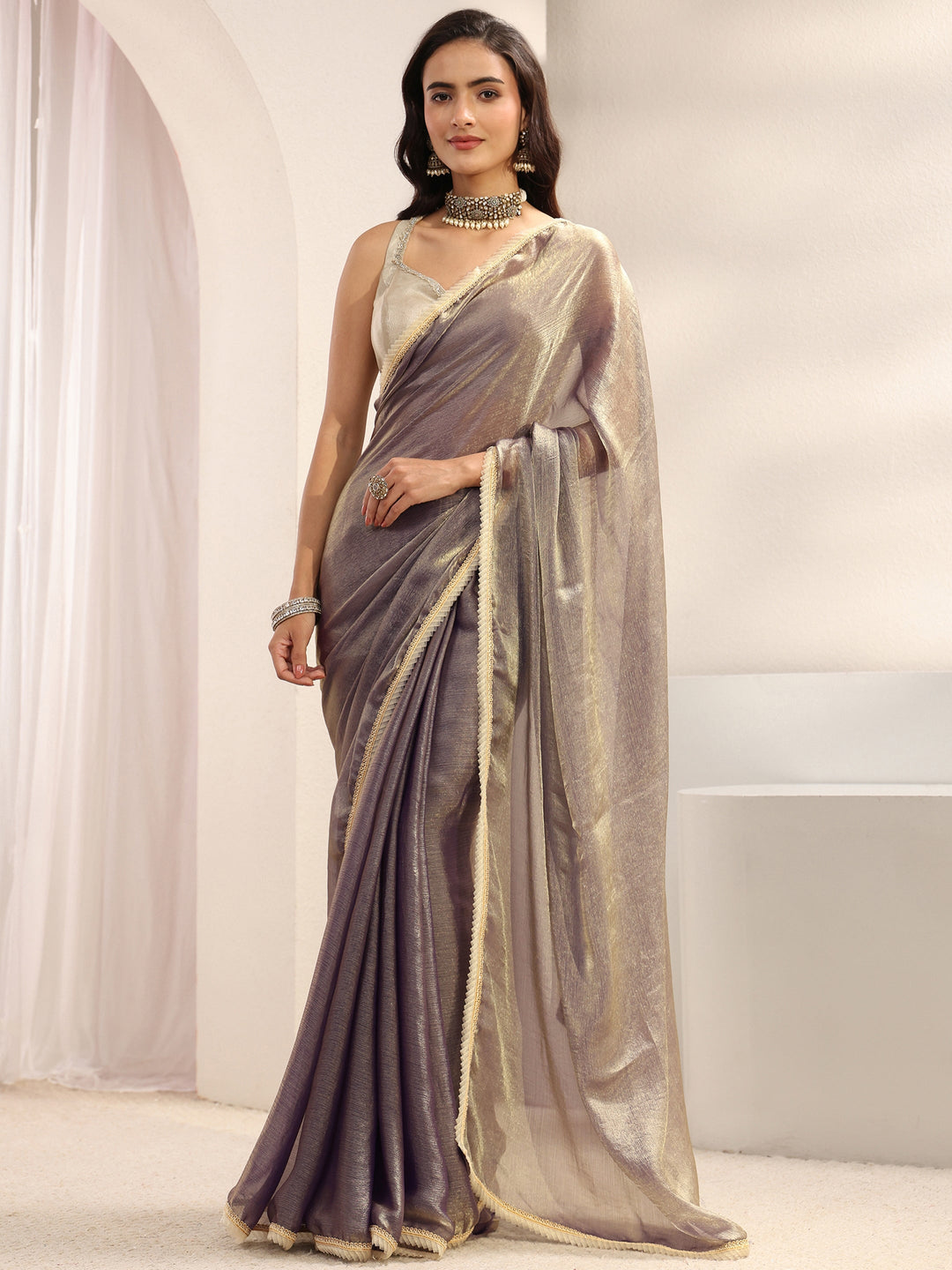  Lavender Solid Chiffon Saree With Unstitched Blouse Piece 