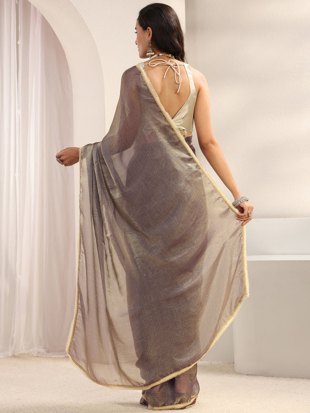  Lavender Solid Chiffon Saree With Unstitched Blouse Piece 