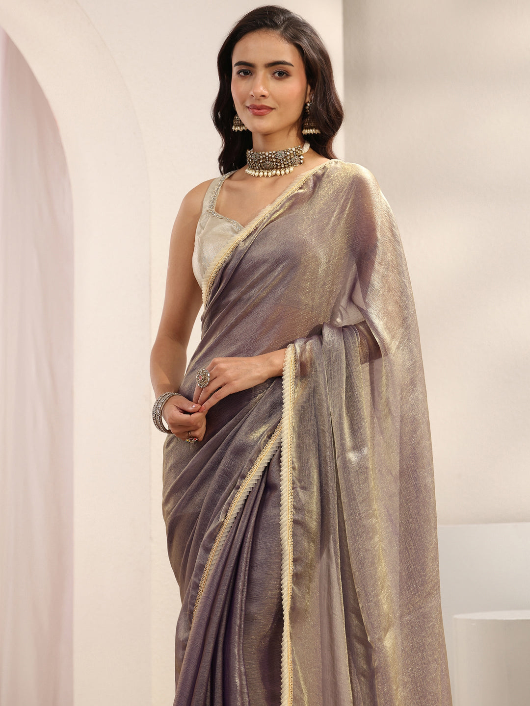  Lavender Solid Chiffon Saree With Unstitched Blouse Piece 