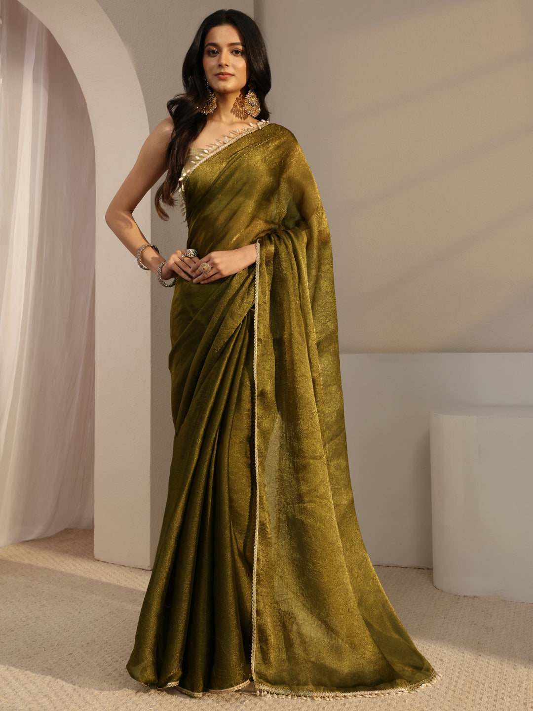  Olive Solid Tissue Saree With Unstiched Blouse Piece 
