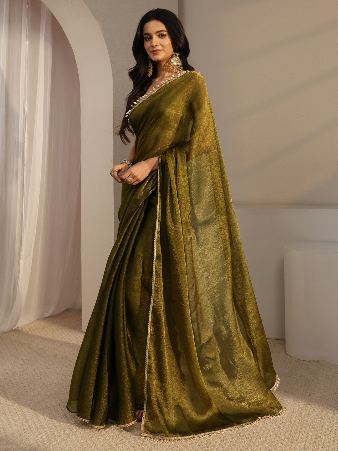  Olive Solid Tissue Saree With Unstiched Blouse Piece 