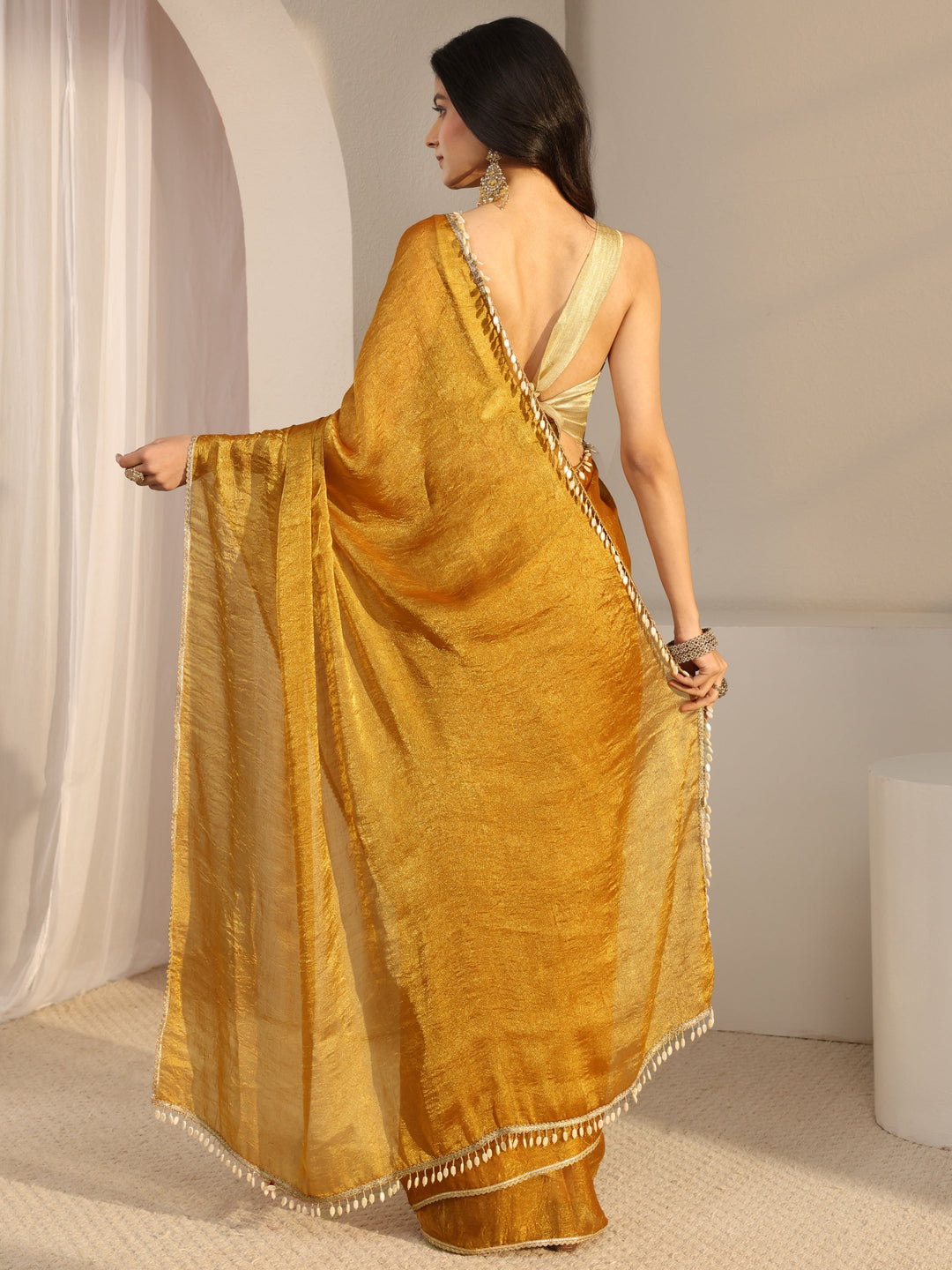  Mustard Solid Tissue Saree With Unstiched Blouse Piece 