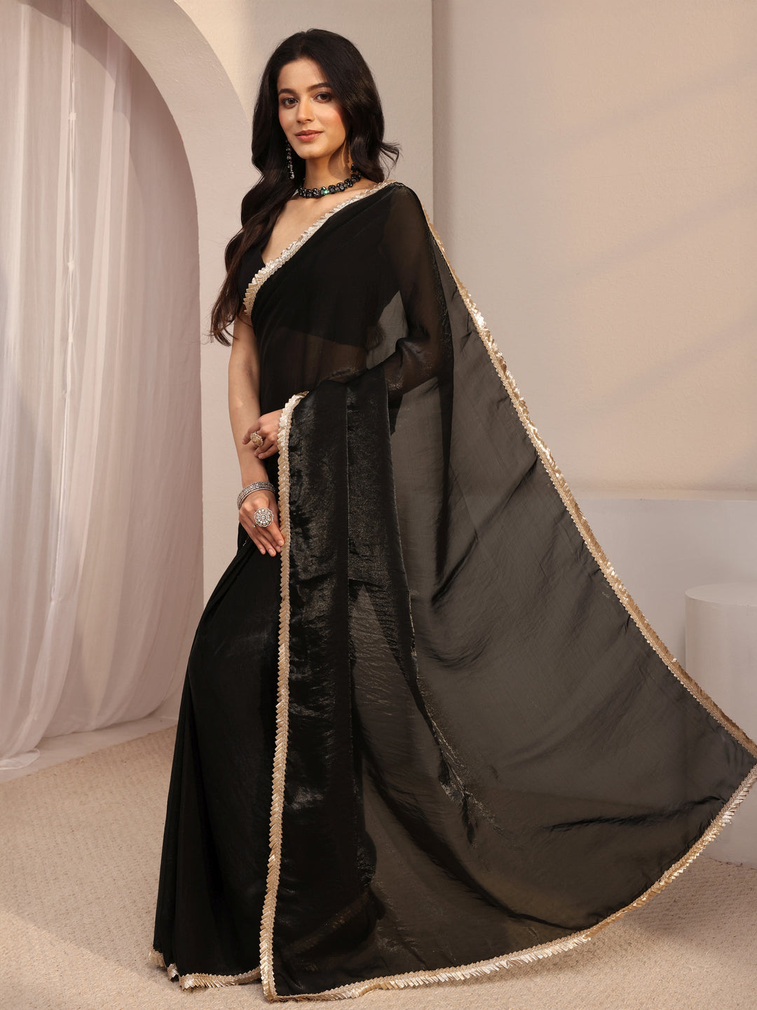  Black Tissue Saree With Unstiched Blouse Piece 