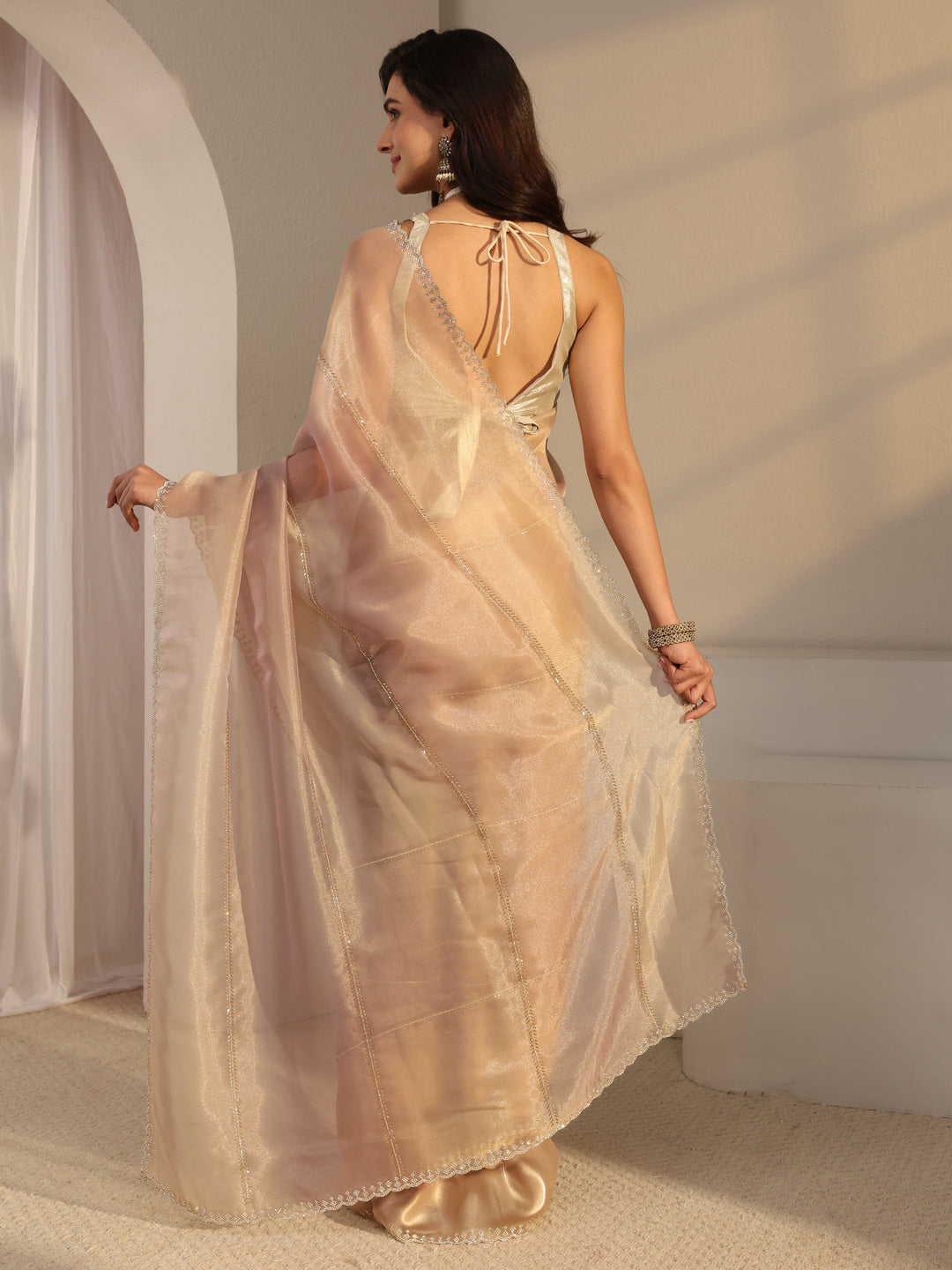 Beige Embellished Tissue Saree  With Unstitched Blouse Piece 