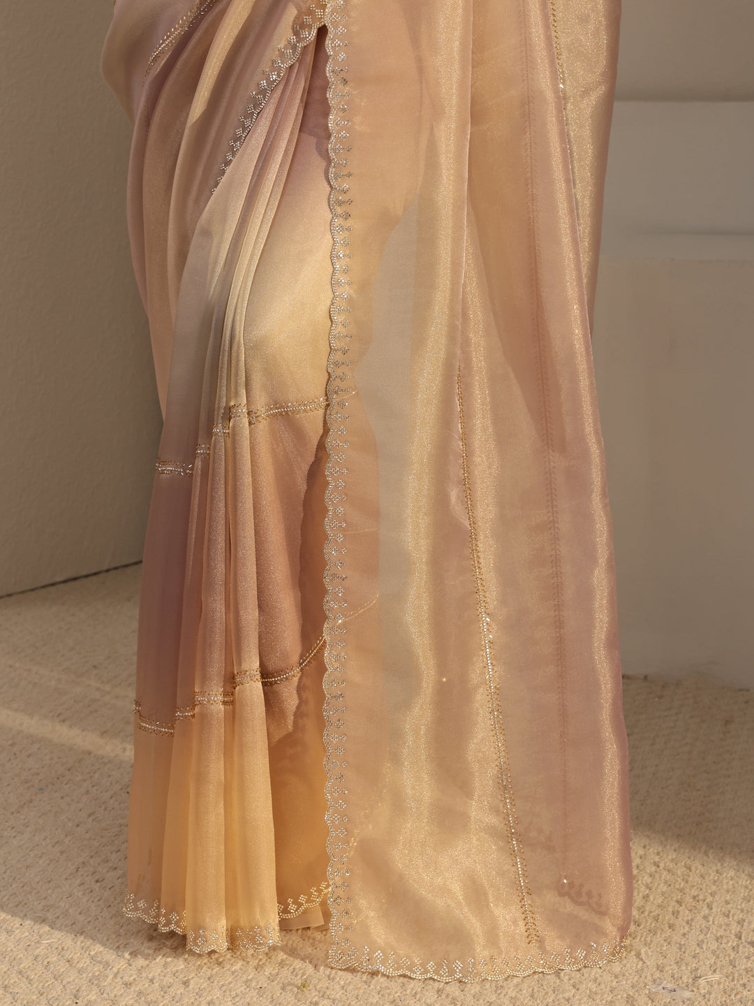  Beige Embellished Tissue Saree  With Unstitched Blouse Piece 