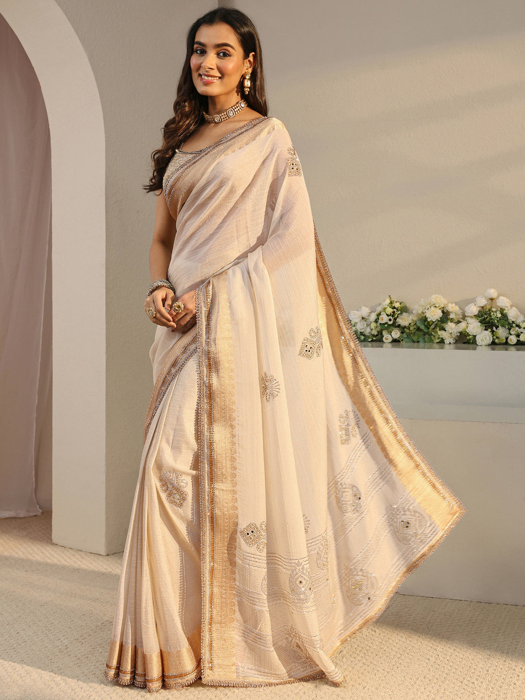  Libas Art Ivory Ethnic Embellished Tissue Saree With Unstitched Blouse Piece 