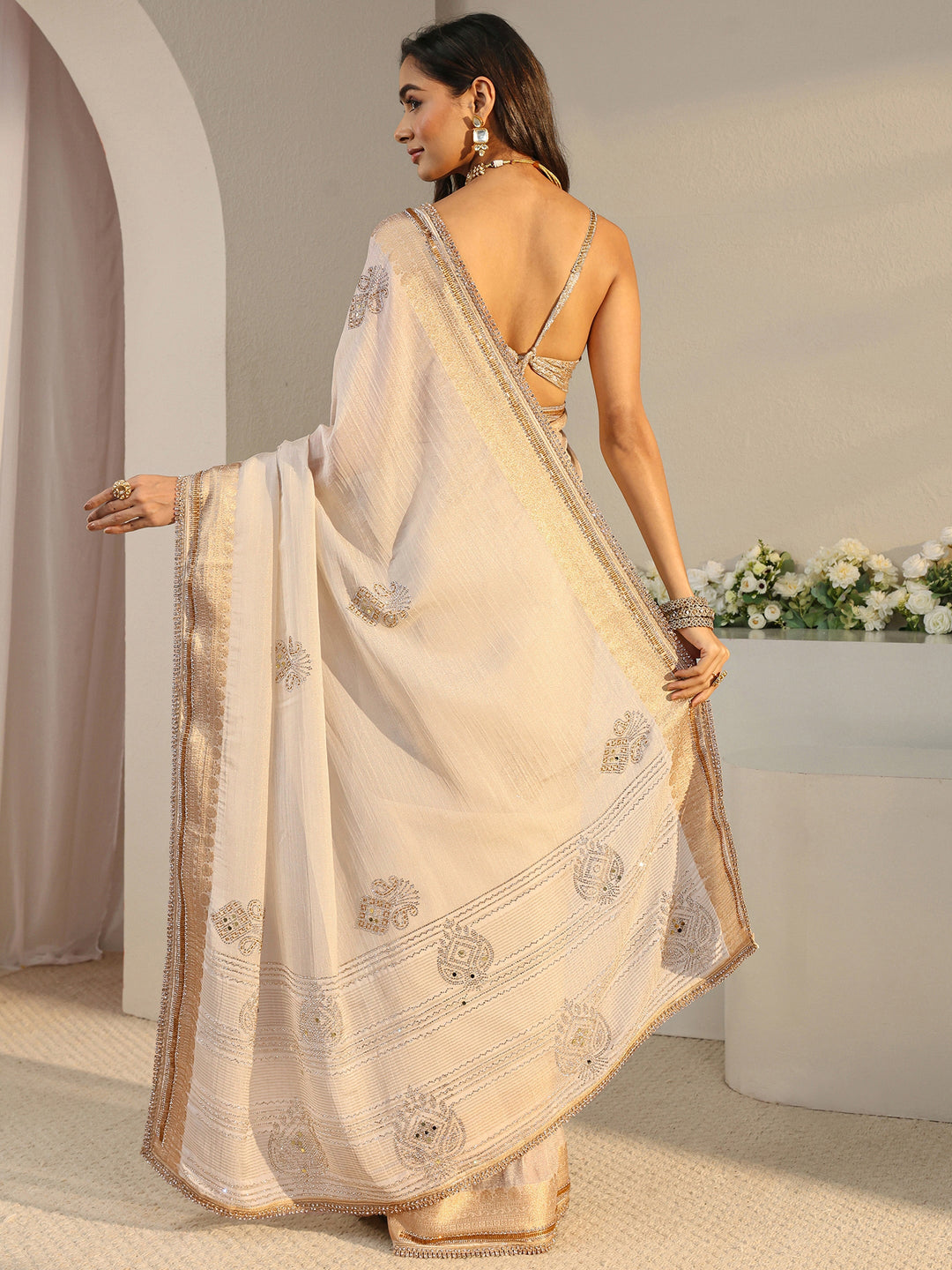  Libas Art Ivory Ethnic Embellished Tissue Saree With Unstitched Blouse Piece 