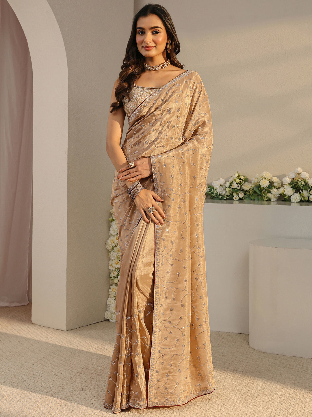  Libas Art Beige Embellished Tissue Saree With Unstitched Blouse Piece 