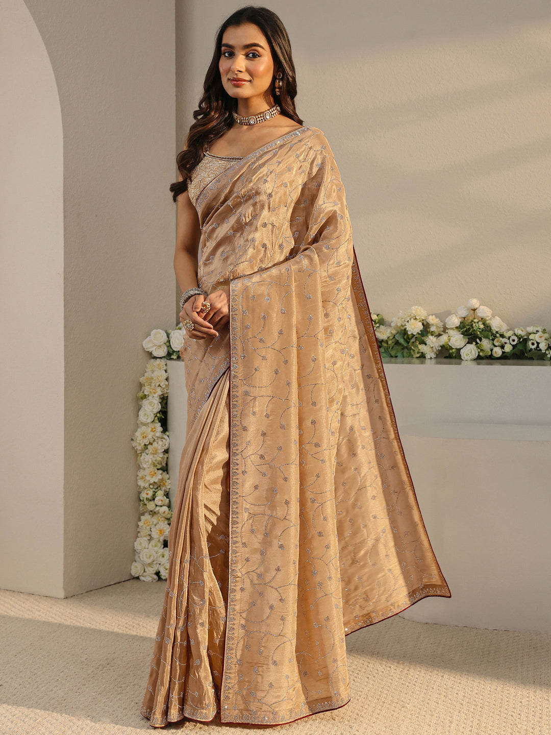  Libas Art Beige Embellished Tissue Saree With Unstitched Blouse Piece 