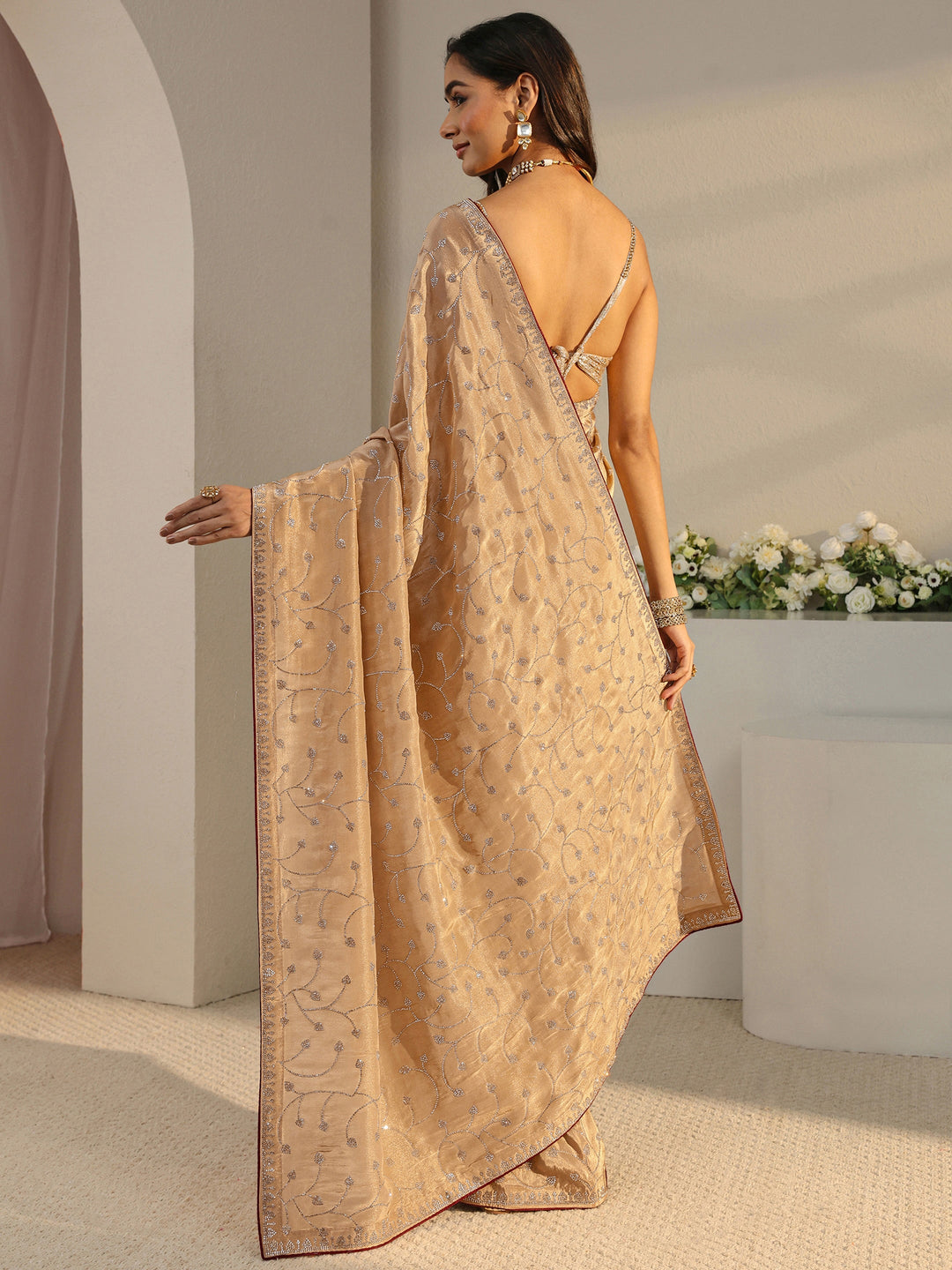  Libas Art Beige Embellished Tissue Saree With Unstitched Blouse Piece 