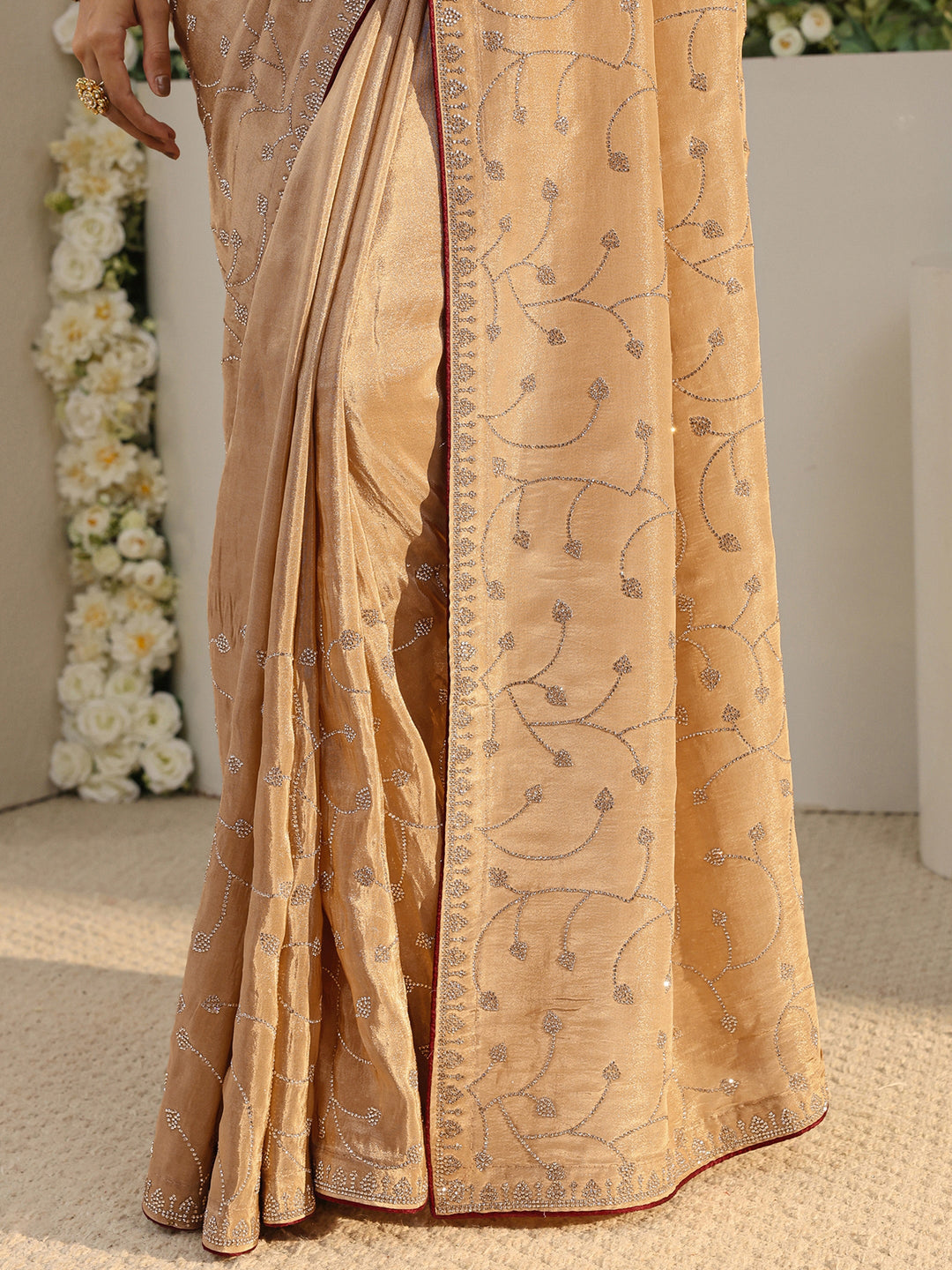  Libas Art Beige Embellished Tissue Saree With Unstitched Blouse Piece 
