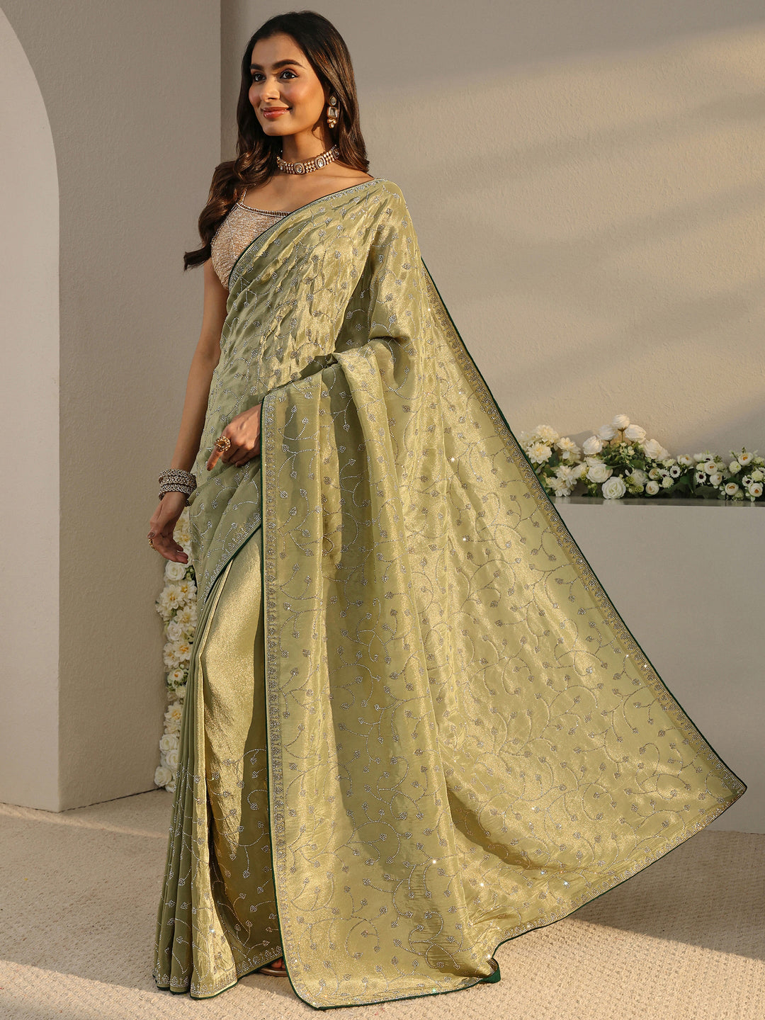 Libas Art Green Embellished Tissue Saree With Unstitched Blouse Piece 