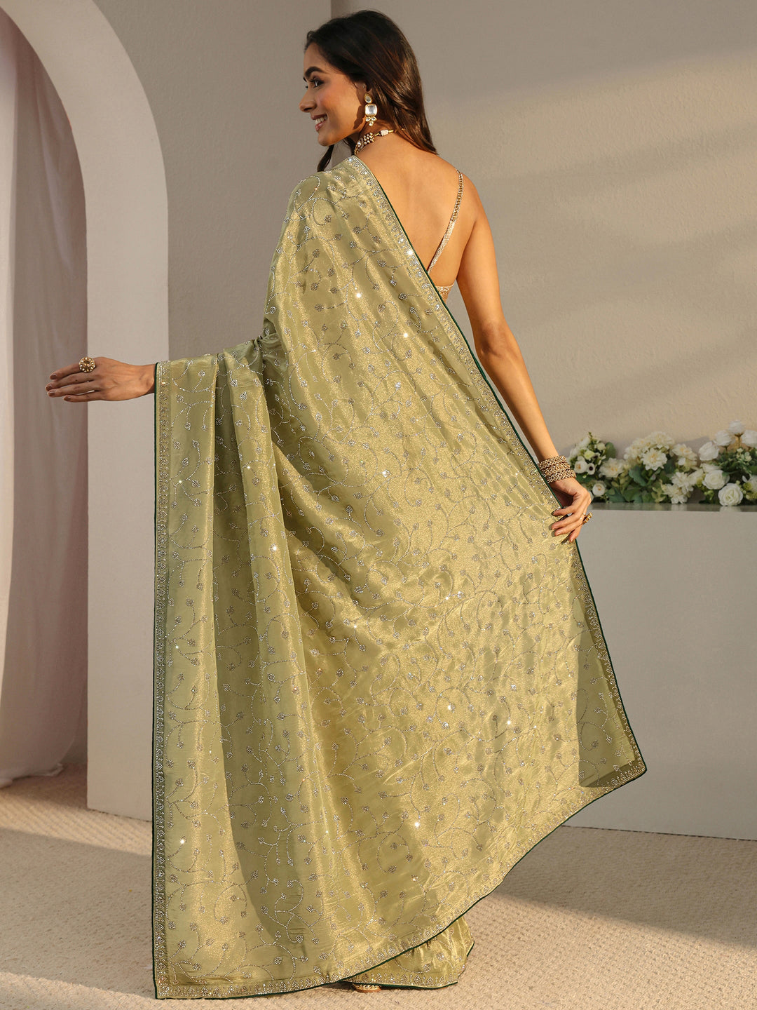  Libas Art Green Embellished Tissue Saree With Unstitched Blouse Piece 
