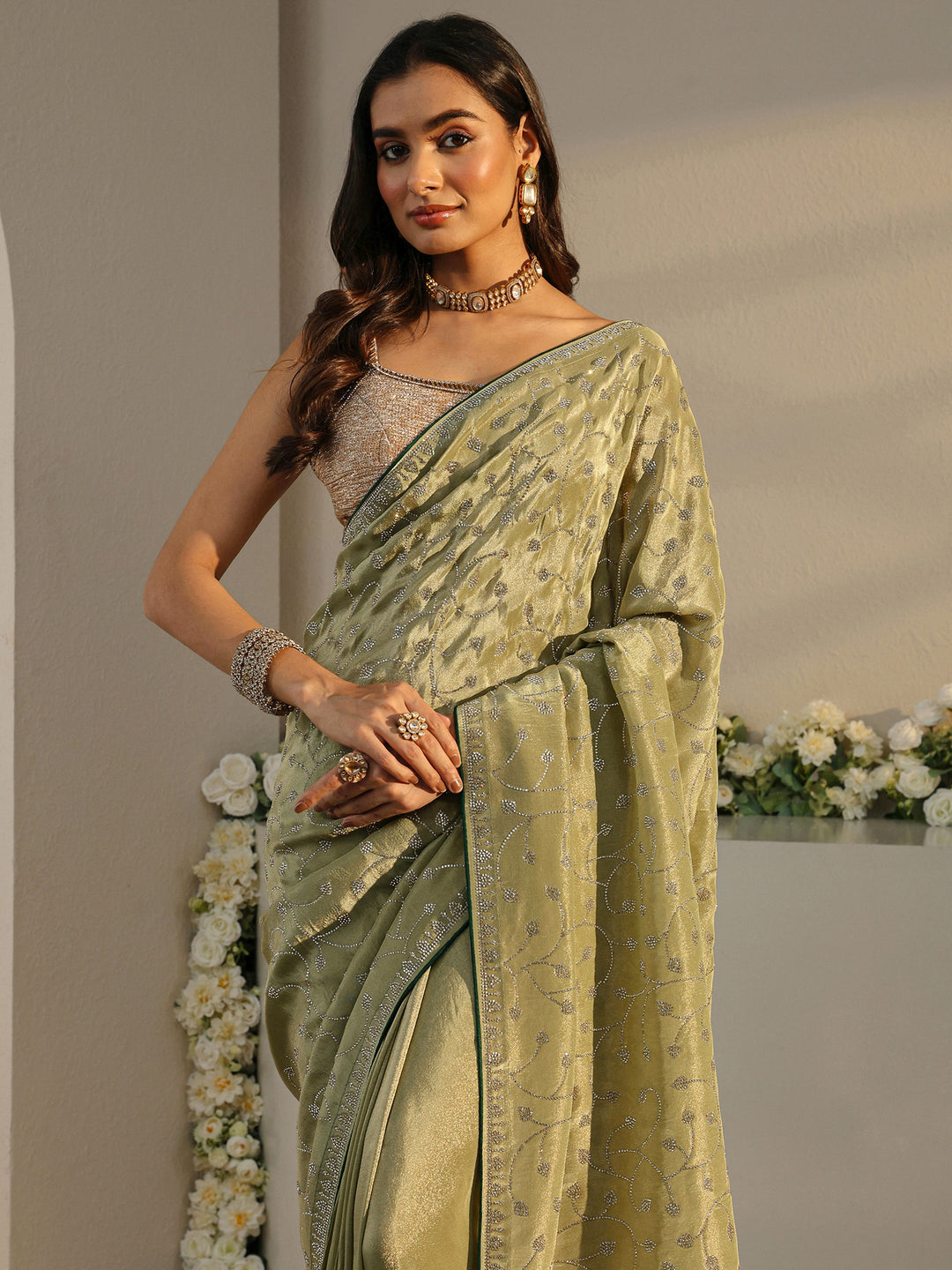  Libas Art Green Embellished Tissue Saree With Unstitched Blouse Piece 